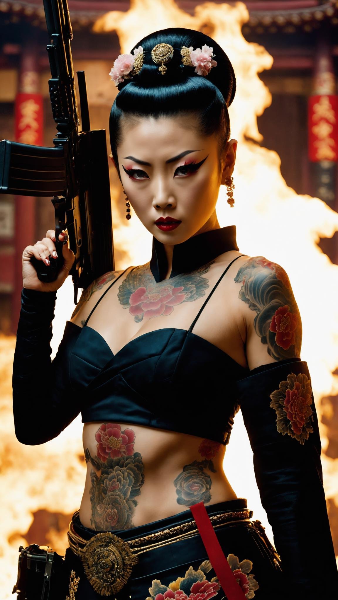 still frame of action movie, superb dreamlike luxury stunning oiran tattooed girl special forces using a rifle in a fight scene , cinematic movie by Sam Raimi , Wally Pfister