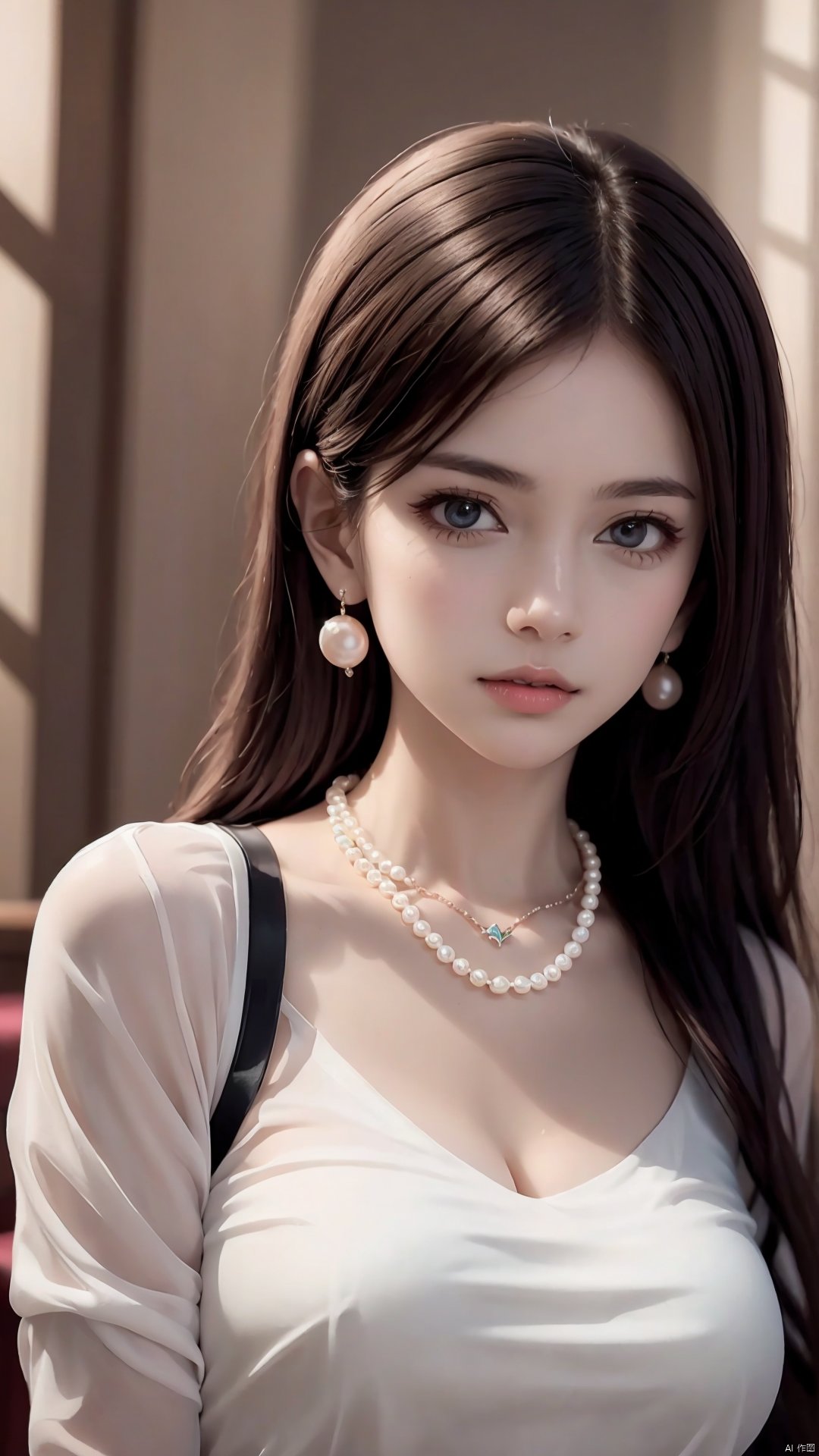 1girl, jewelry, solo, necklace, long hair, earrings, realistic, pearl necklace, brown hair, looking at viewer, gloves, lips, white gloves