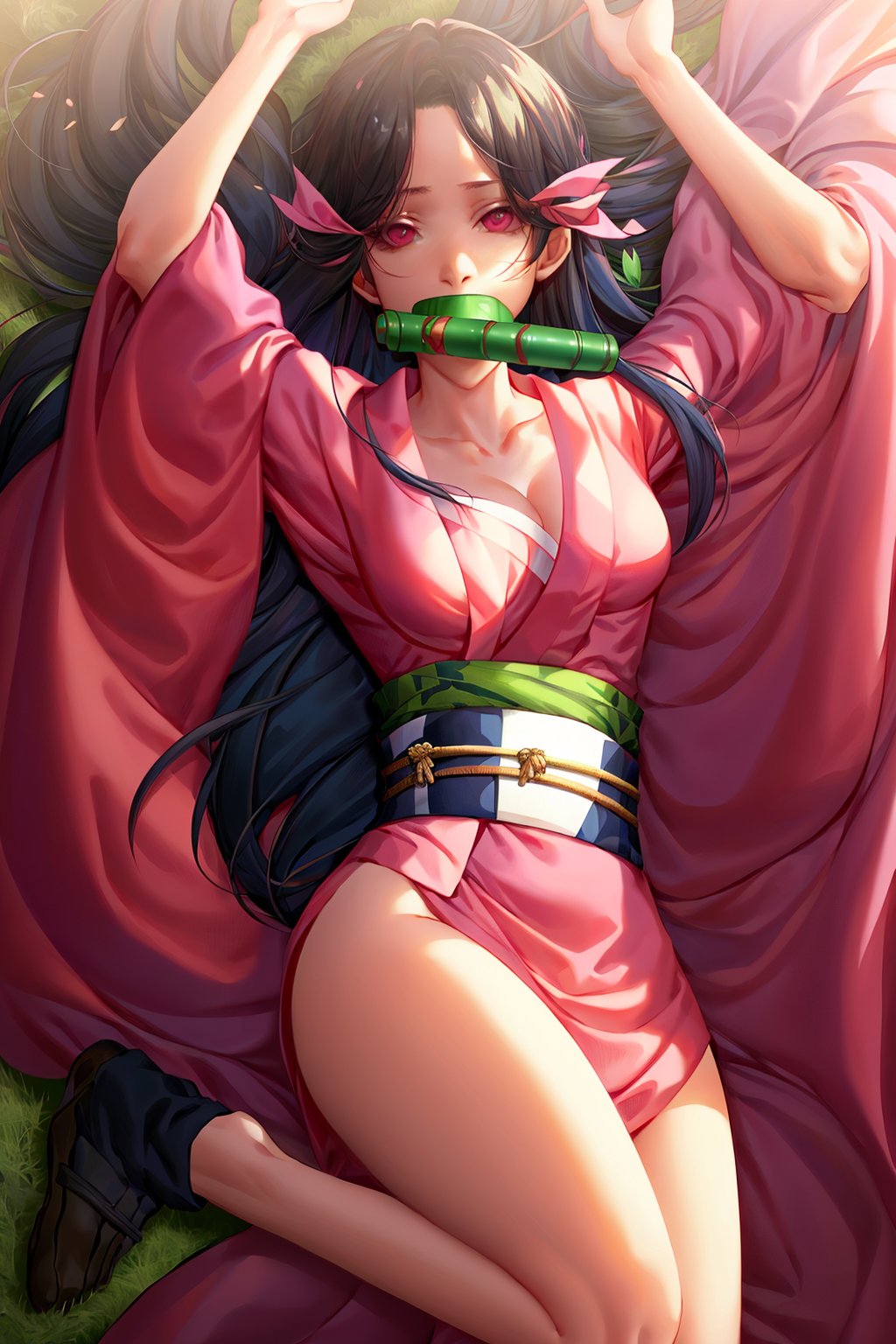 Fan_Yang_style_lora_by_niolas, 1girl, solo, long hair, looking at viewer, brown hair, black hair, ribbon, cleavage, medium breasts, very long hair, collarbone, hair ribbon, thighs, lying, japanese clothes, wide sleeves, on back, pink eyes, kimono, arms up, sash, leaf, from above, mouth hold, obi, pink ribbon, gag, gagged, haori, pink kimono, bamboo, bit gag, checkered sash<lora:EMS-311385-EMS:0.700000>