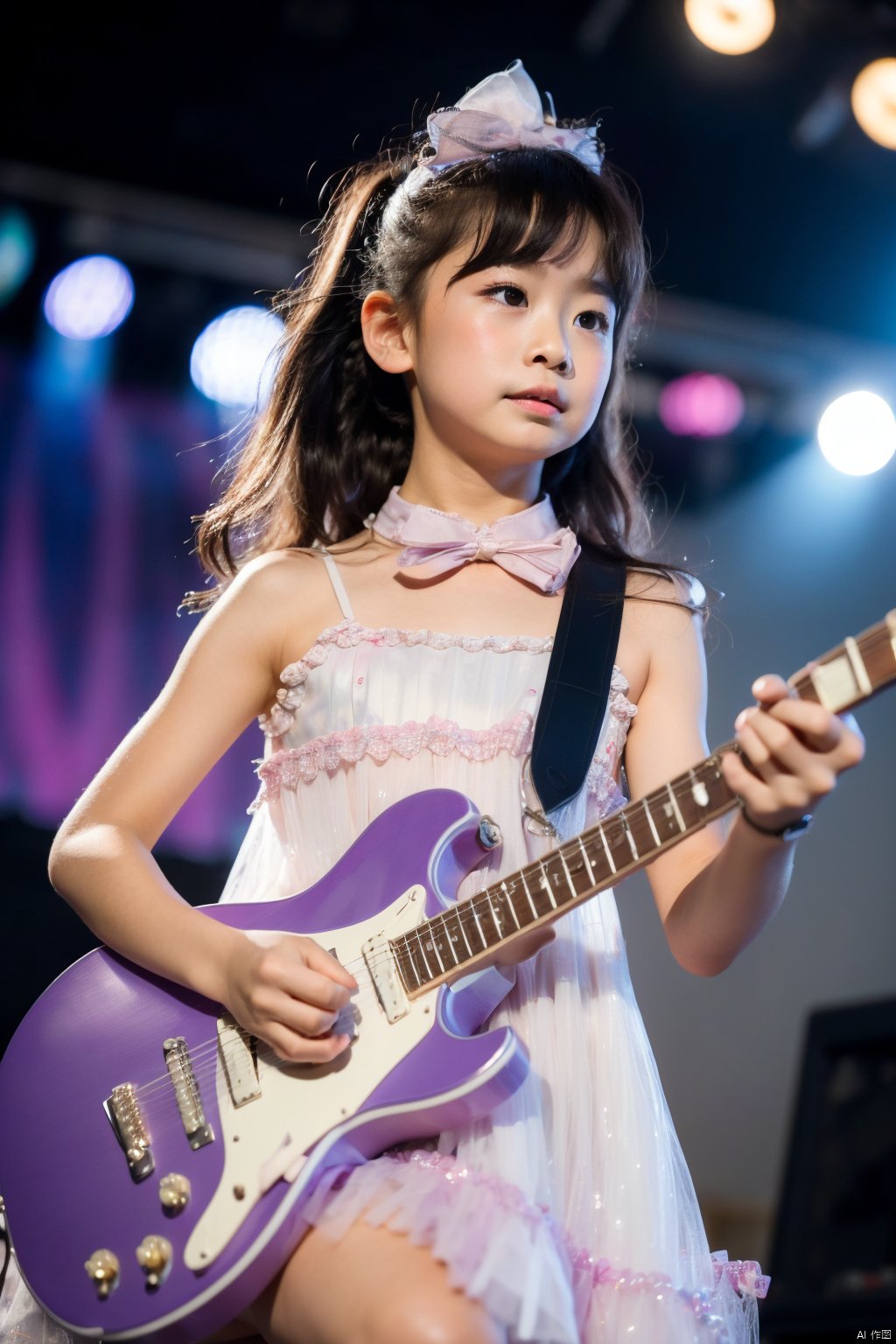  (Masterpiece, best picture quality, master work), child
,sex_dress,(playing | guitar), confident, stage lighting, center stage, crowd watching, rock and roll, child,sparkle print, takei film