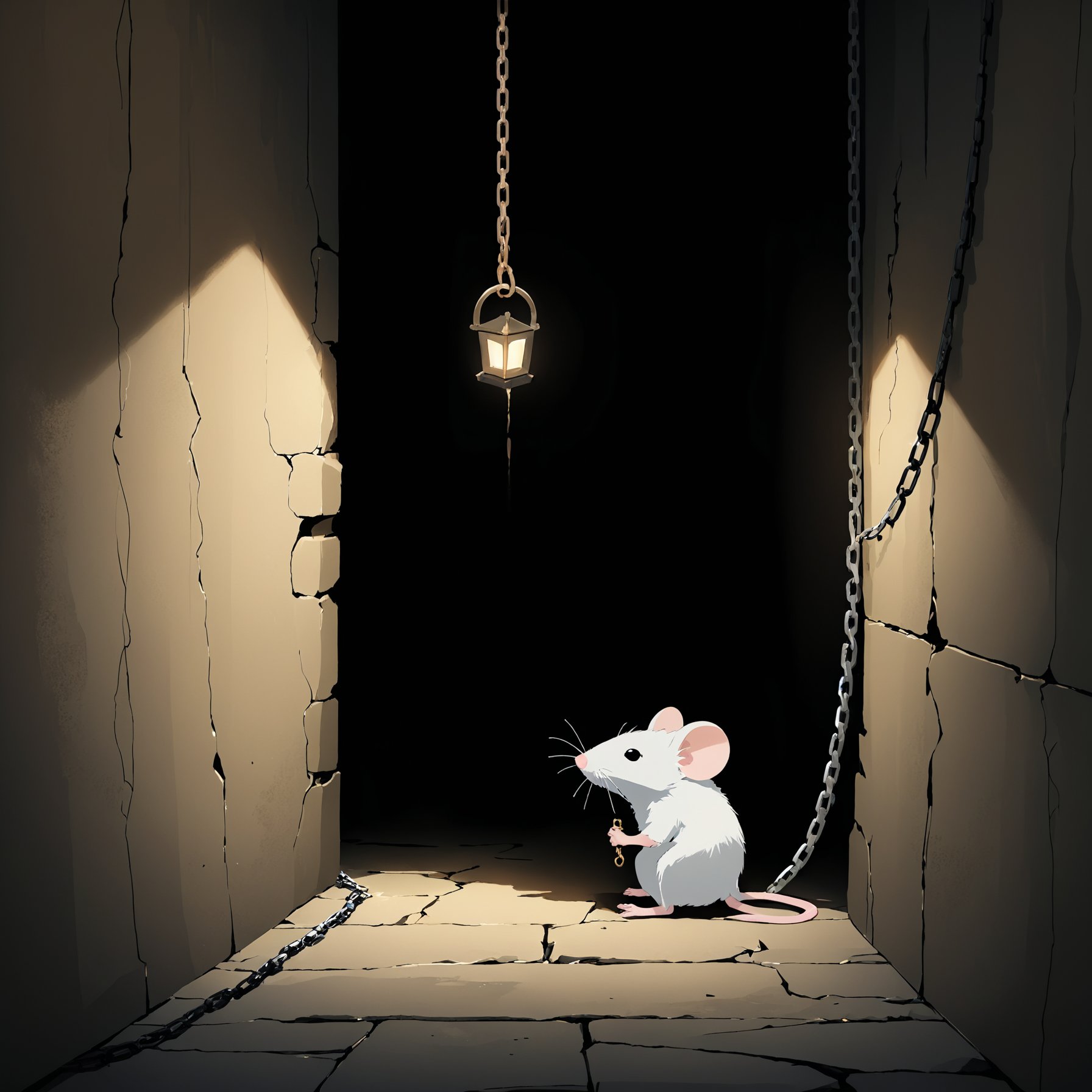 Image type of an illustration showing a desolate dungeon scene with heavy chains hanging on the walls, a small window high above letting in a faint light, and a shadowy figure sitting in a corner with a look of despair and hopelessness. Despite the darkness and cold atmosphere, a tiny mouse is subtly peeking out from a crack, offering a glimmer of companionship and a spark of resilience in the bleak environment.