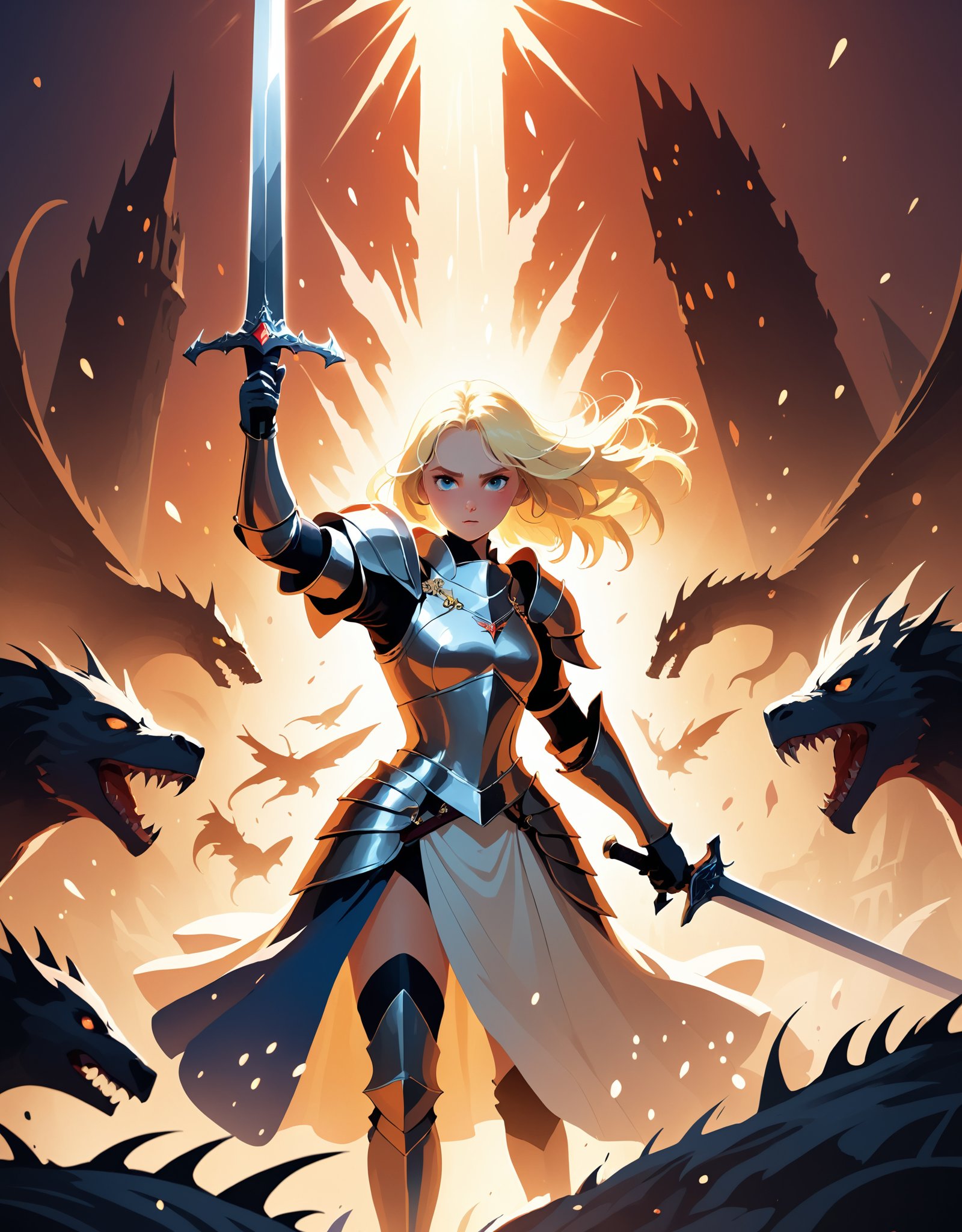 An illustration of a brave blonde princess knight holding a legendary sword, a fierce battle,Uplifting,A swarm of dismembered monsters,Dramatic and powerful strokes,light particles ,fantastic scenery