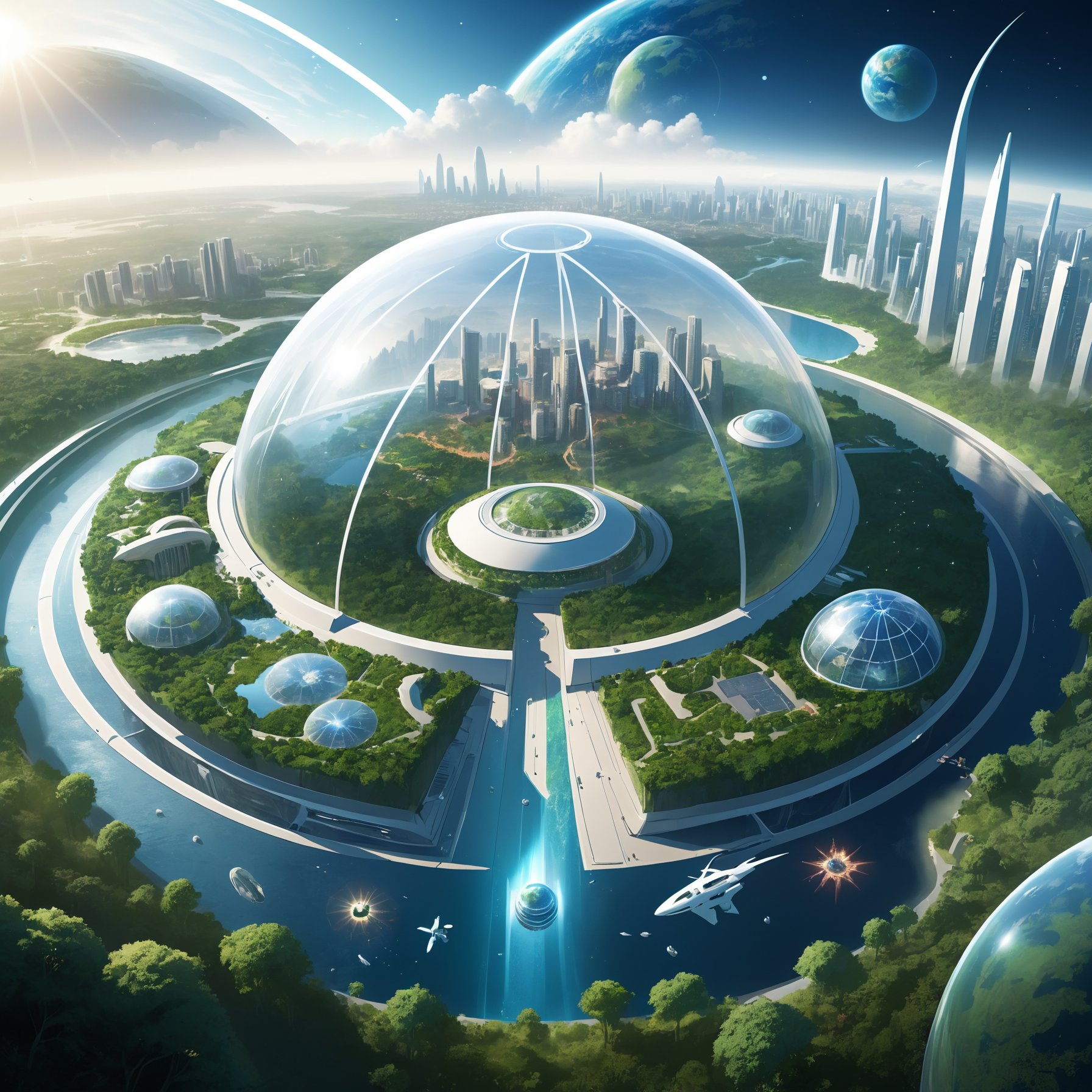 Illustration of a futuristic city built inside a massive, transparent dome on a planet resembling Earth, with advanced technology, bustling civilization, vast greenery, and sustainable infrastructure to protect the environment. The dome covers the entire city, ensuring a harmonious coexistence with the planetary landscape.