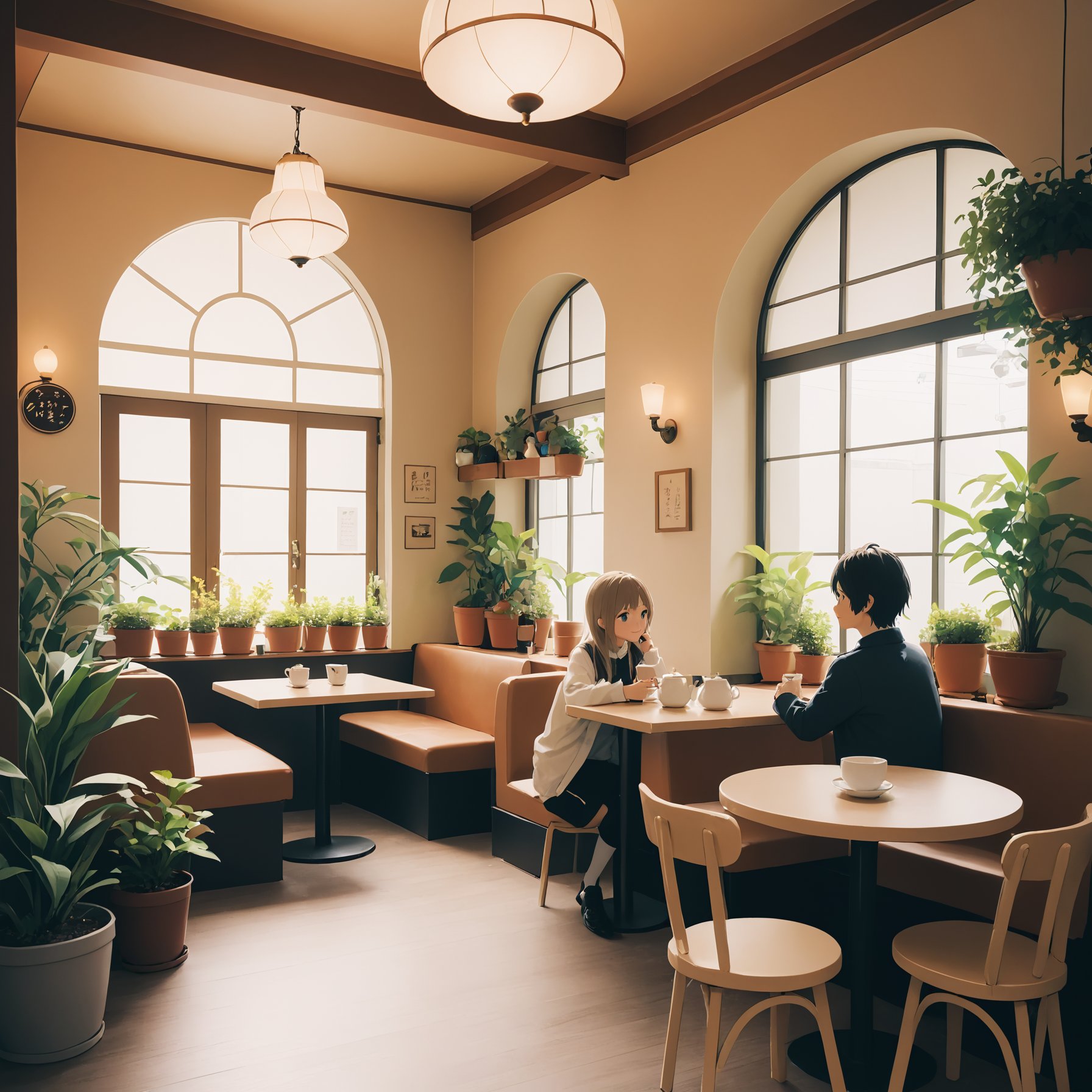 A photo of Amamiya-san and Kariumi-kun chatting at a cozy cafe, with a warm cup of tea in front of each of them, surrounded by charming potted plants that give the space a touch of natural beauty, while the soft light from the cafe's vintage chandeliers creates a soothing atmosphere.