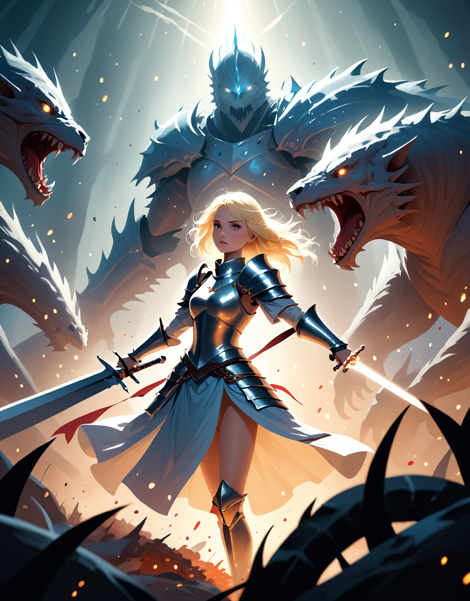 An illustration of a brave blonde princess knight holding a legendary sword, a fierce battle,Uplifting,A swarm of dismembered monsters,Dramatic and powerful strokes,light particles ,fantastic scenery