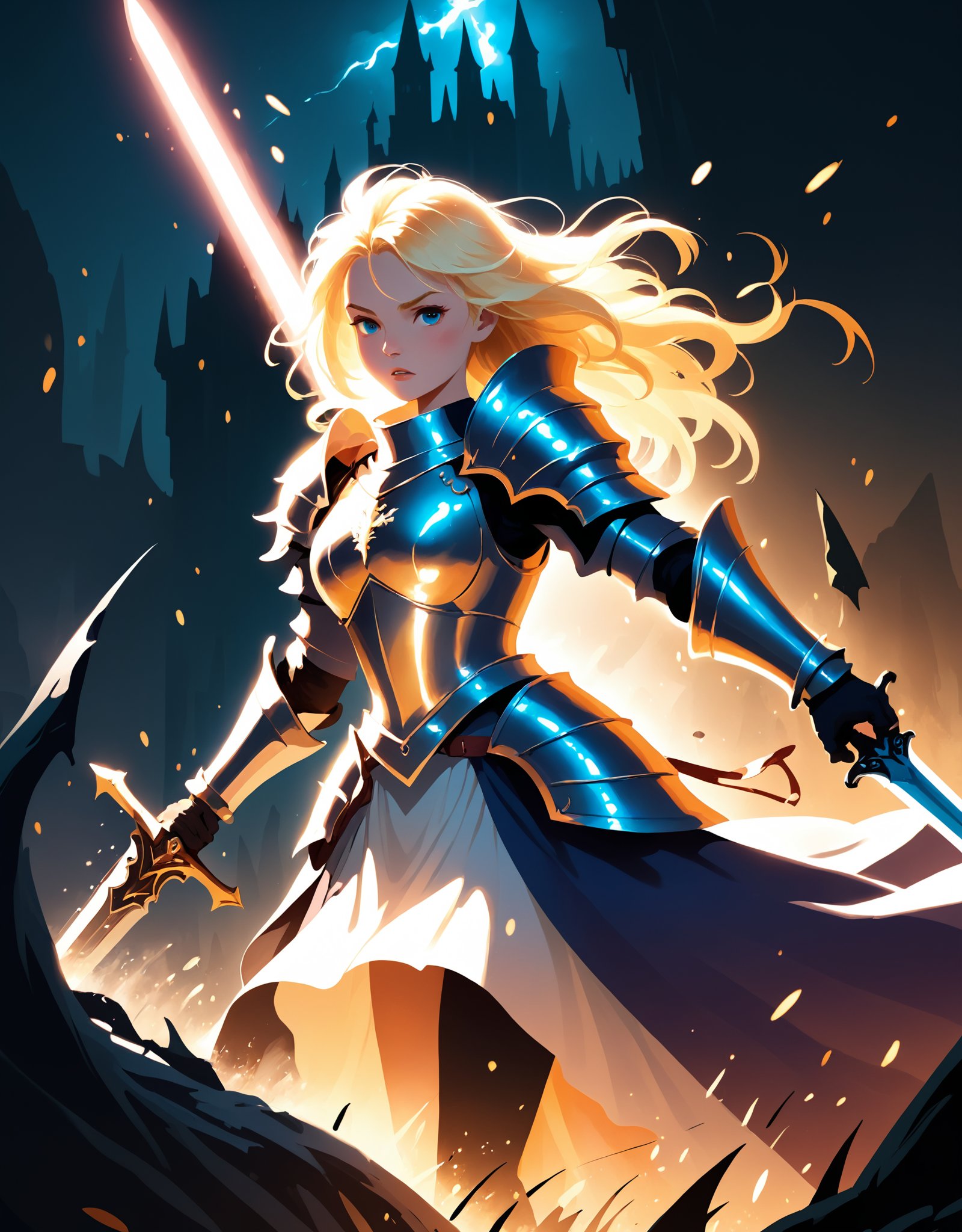 An illustration of a brave blonde princess knight holding a legendary sword, a fierce battle,Uplifting,A swarm of dismembered monsters,Dramatic and powerful strokes,light particles ,fantastic scenery