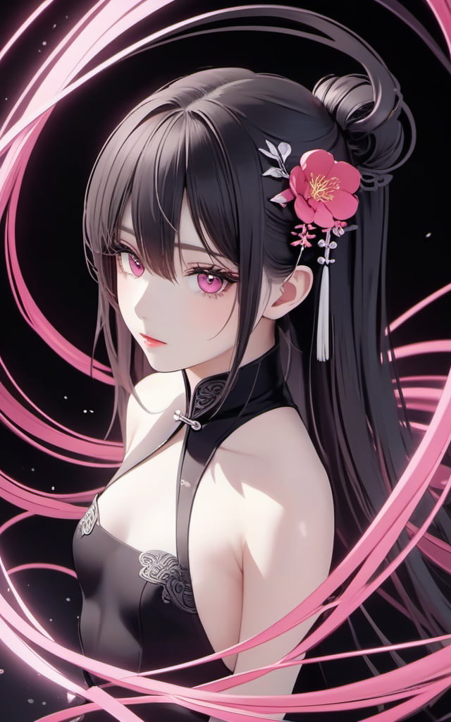 as7033,((black chinese clothes)), 1girl, solo, looking at viewer, long hair,  very long hair, small breasts, hair between eyes, bare shoulders, bangs, <lora:jianbai-lora:0.8>，dark background,white pink theme,, (((masterpiece,best quality))),Fantastic, imaginative, emotional, emotional rendering, brightly colored,ultra high res, Dynamic curves, active visuals, emotional colors, artistic sense, artistic colors, emotional colors, visual guidance,illustration,CG ,unity ,wallpaper, Amazing, an extremely delicate and beautiful, sharp focus,aerial perspective background,((good structure)),((Good composition)), ((clear, original,beautiful)), (clear details, clear light，clear structure),(high res raw,4K,8k),official art,,