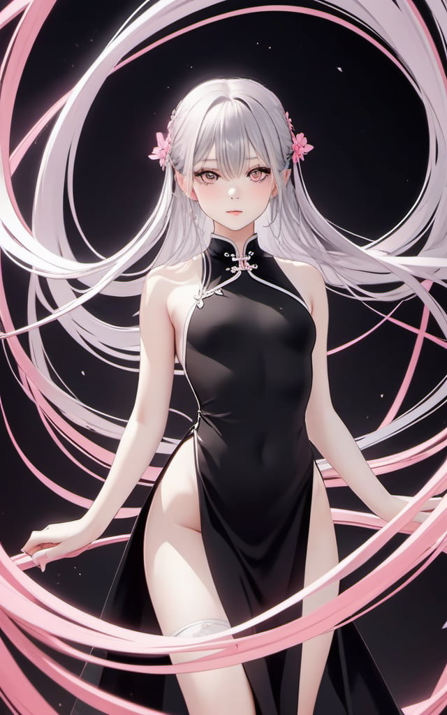 as7033,((black chinese clothes)), 1girl, solo, looking at viewer, long hair,  very long hair, small breasts, hair between eyes, bare shoulders, bangs, <lora:jianbai-lora:0.8>，dark background,white pink theme,, (((masterpiece,best quality))),Fantastic, imaginative, emotional, emotional rendering, brightly colored,ultra high res, Dynamic curves, active visuals, emotional colors, artistic sense, artistic colors, emotional colors, visual guidance,illustration,CG ,unity ,wallpaper, Amazing, an extremely delicate and beautiful, sharp focus,aerial perspective background,((good structure)),((Good composition)), ((clear, original,beautiful)), (clear details, clear light，clear structure),(high res raw,4K,8k),official art,,