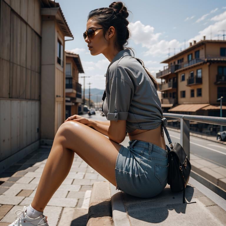 a woman sitting on a ledge wearing white shoes, inspired by Michalis Oikonomou, trending on dribble, reflective aviator sunglasses, ripped clothing, gray shirt, portait photo profile picture <lora:mytrain:1>