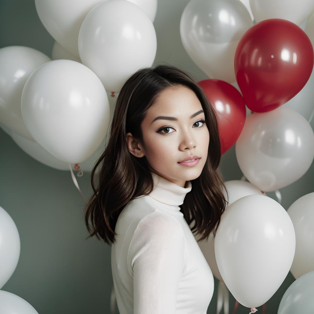 fashion portrait photo of beautiful young woman from the 60s wearing a red turtleneck standing in the middle of a ton of white balloons, taken on a hasselblad medium format camera