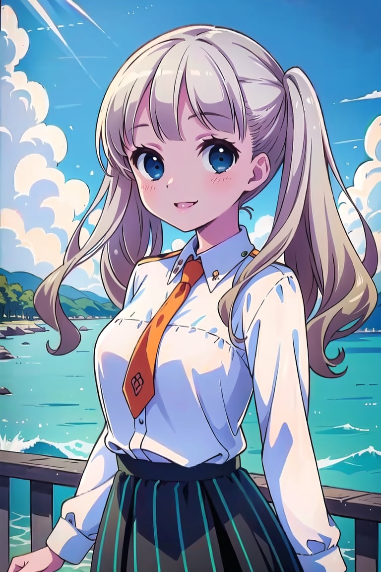 Masterpiece,Best  Quality, High Quality,  (Sharp Picture Quality), , Blonde,long hair,Twin tail hairstyle, Orange tie,White blouse, skirt with green and black vertically stripe,,alone,bule sky,Beautiful scenery,beautiful sea,best smile,cute,moe