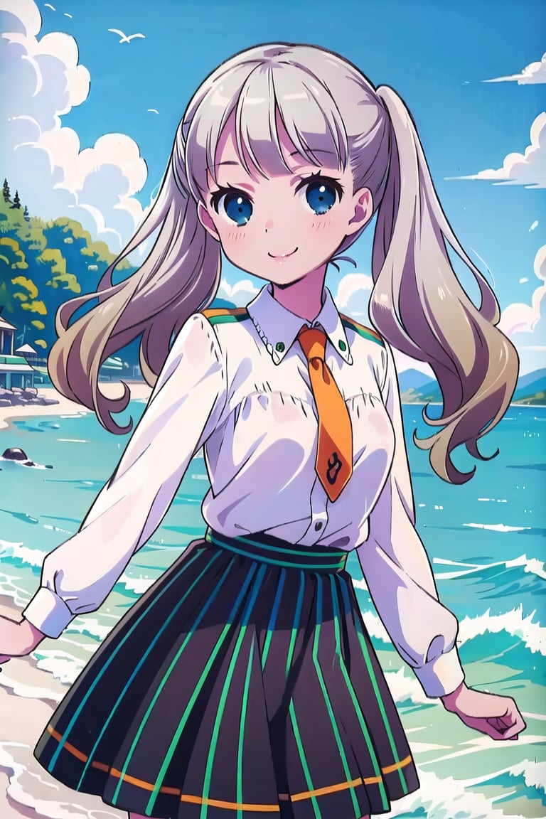 Masterpiece,Best  Quality, High Quality,  (Sharp Picture Quality), , Blonde,long hair,Twin tail hairstyle, Orange tie,White blouse, skirt with green and black vertically stripe,,alone,bule sky,Beautiful scenery,beautiful sea,best smile,cute,moe
