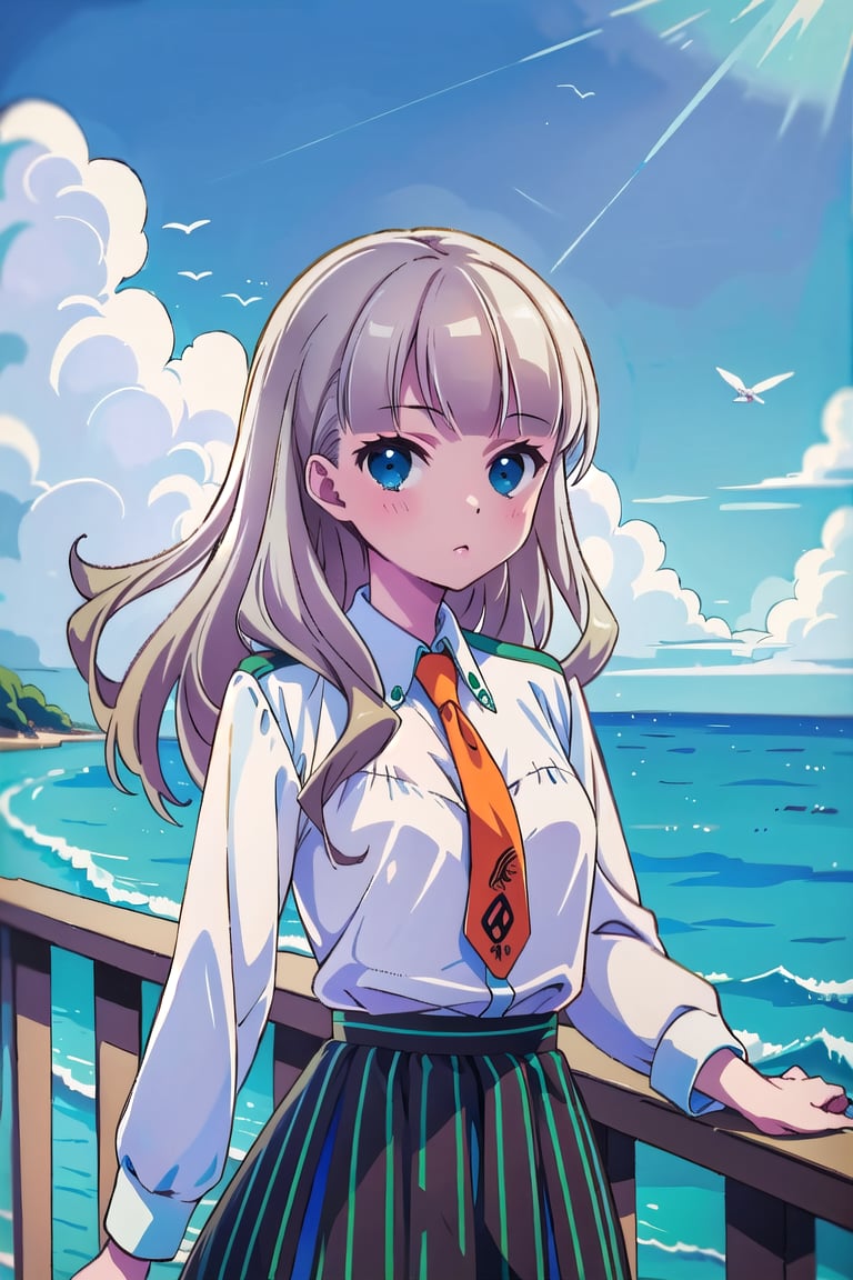 Masterpiece,Best  Quality, High Quality,  (Sharp Picture Quality), Tie blonde hair, long hair,The tied hair, Orange tie,White blouse, skirt with green and black vertically stripe ,,alone,sea,bule sky,,Beautiful scenery,,beautiful sea,Stir up hair,