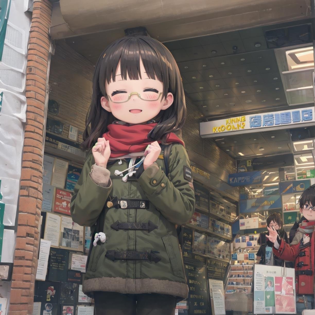 masterpiece, best quality, ultra-detailed, illustration,1girl, solo, glasses, black hair, long hair, duffel coat, winter coat, winter scarf, pants, bag, looking at viewer, blush, happy, smile, closed eyes, blush,kinokuniya, storefront, scenery, sign, multiple boys, shop, poster (object), real world location, 6+boys, outdoors <lora:kinokuniya_shinjuku_L_SD15_V1:1>