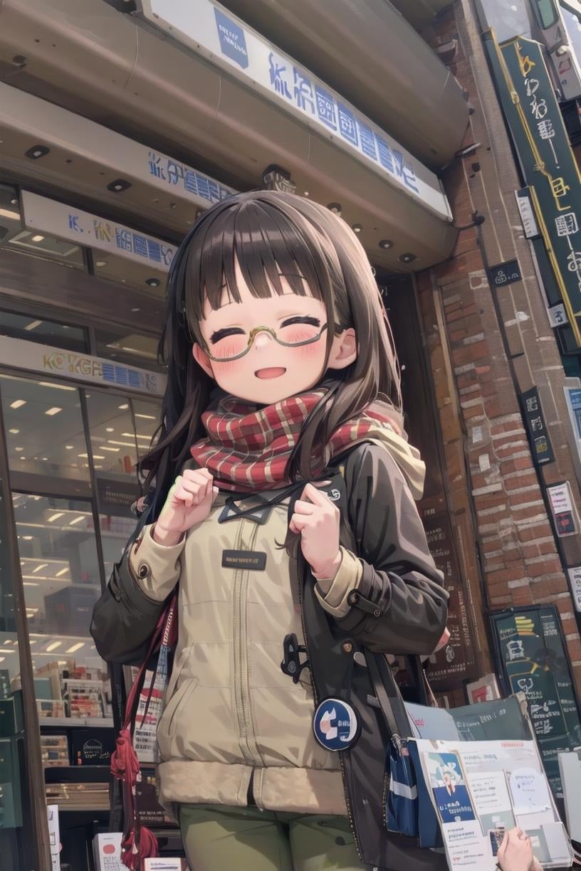 masterpiece, best quality, ultra-detailed, illustration,1girl, solo, glasses, black hair, long hair, duffel coat, winter coat, winter scarf, pants, bag, looking at viewer, blush, happy, smile, closed eyes, blush,kinokuniya, storefront, scenery, sign, multiple boys, real world location, 6+boys, shop, street, city, storefront, road, shirt, building, chinese text, multiple girls, outdoors <lora:kinokuniya_shinjuku_L_SD15_V1:1>