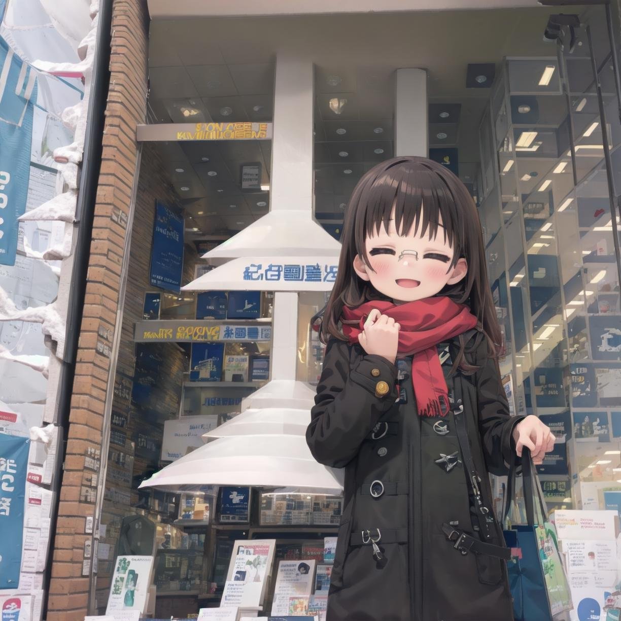 masterpiece, best quality, ultra-detailed, illustration,1girl, solo, glasses, black hair, long hair, duffel coat, winter coat, winter scarf, pants, bag, looking at viewer, blush, happy, smile, closed eyes, blush,kinokuniya, storefront, scenery, sign, multiple boys, shop, poster (object), real world location, 6+boys, outdoors <lora:kinokuniya_shinjuku_L_SD15_V1:1>