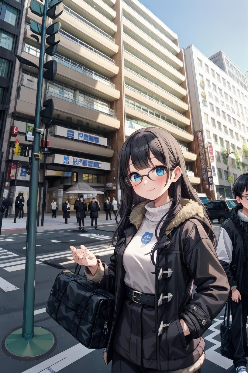 best quality, ultra high res,1girl, solo, glasses, black hair, long hair, duffle coat, black bag, smile, looking at viewer, solo focus,kinokuniya, storefront, real world location, scenery, sky, sign, day, city, building, street, road, blue sky, lamppost, traffic light, crosswalk, multiple boys, people, 6+boys, road sign, multiple girls, outdoors<lora:kinokuniya_shinjuku_SD15_V2:0.8>