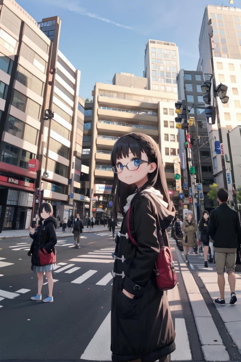 best quality, ultra high res,1girl, solo, glasses, black hair, long hair, duffle coat, black bag, smile, looking at viewer, solo focus,kinokuniya, storefront, real world location, scenery, sky, sign, day, city, building, street, road, blue sky, lamppost, traffic light, crosswalk, multiple boys, people, 6+boys, road sign, multiple girls, outdoors <lora:kinokuniya_shinjuku_SD15_V2:0.8>