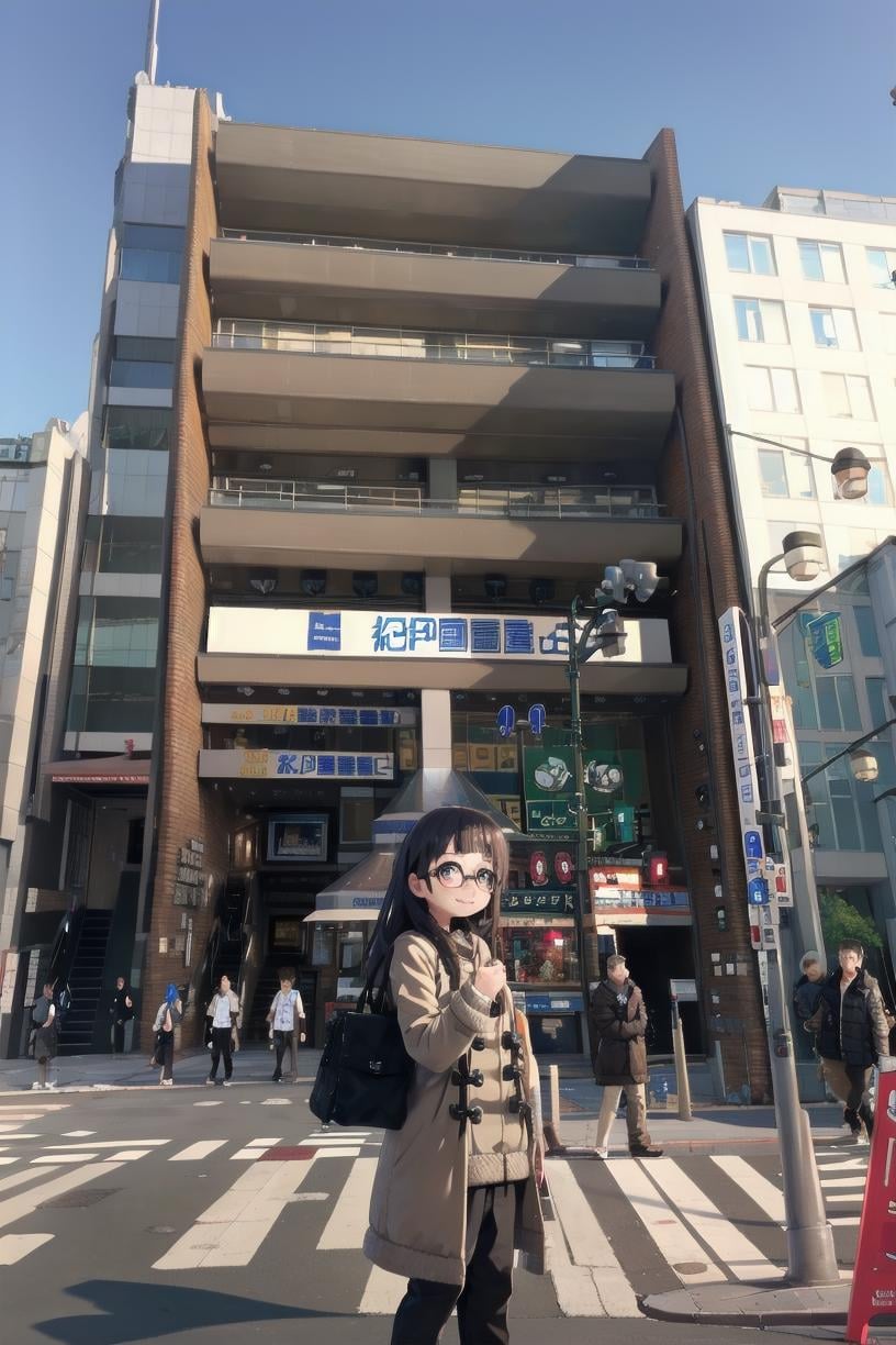 best quality, ultra high res,1girl, solo, glasses, black hair, long hair, duffle coat, black bag, smile, looking at viewer, solo focus,kinokuniya, storefront, real world location, scenery, sky, sign, day, city, building, street, road, blue sky, lamppost, traffic light, crosswalk, multiple boys, people, 6+boys, road sign, multiple girls, outdoors <lora:kinokuniya_shinjuku_SD15_V2:0.8>