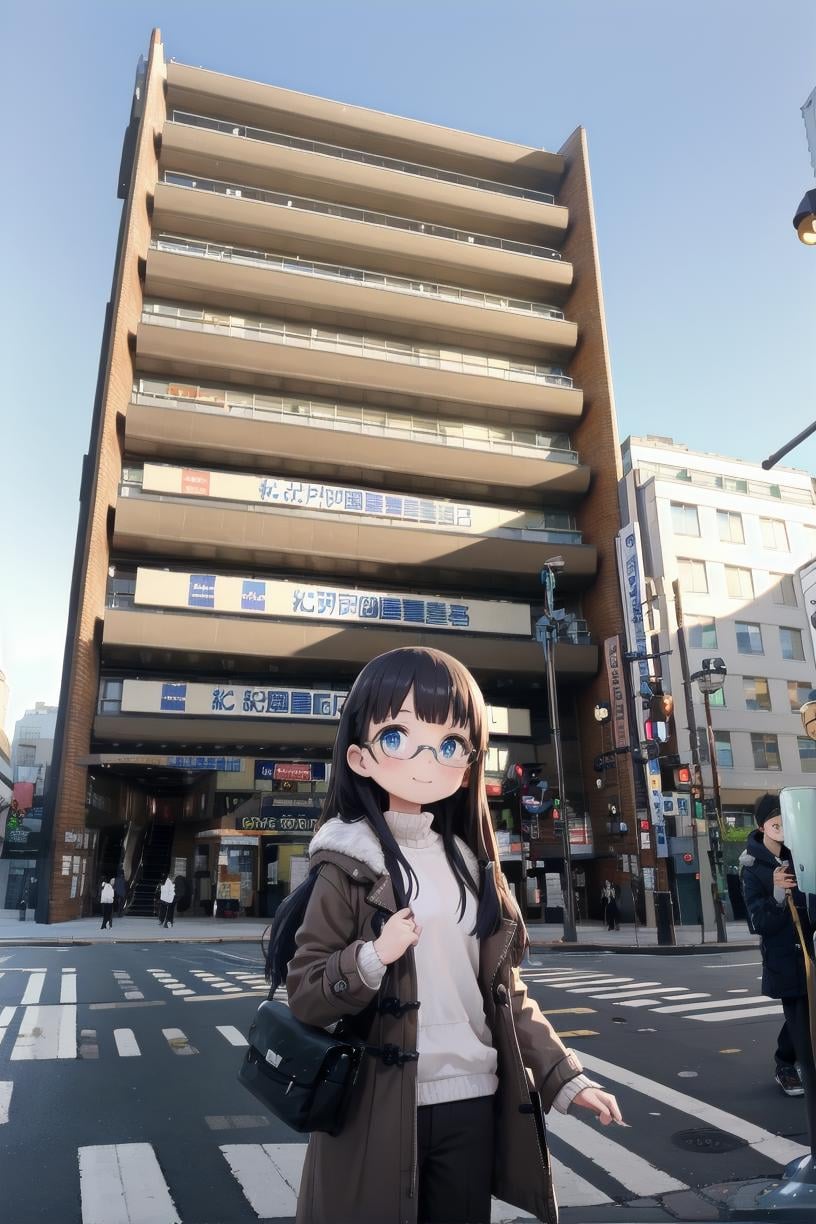 best quality, ultra high res,1girl, solo, glasses, black hair, long hair, duffle coat, black bag, smile, looking at viewer, solo focus,kinokuniya, storefront, real world location, scenery, sky, sign, day, city, building, street, road, blue sky, lamppost, traffic light, crosswalk, multiple boys, people, 6+boys, road sign, multiple girls, outdoors <lora:kinokuniya_shinjuku_SD15_V2:0.8>