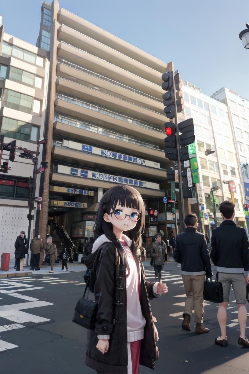 best quality, ultra high res,1girl, solo, glasses, black hair, long hair, duffle coat, black bag, smile, looking at viewer, solo focus,kinokuniya, storefront, real world location, scenery, sky, sign, day, city, building, street, road, blue sky, lamppost, traffic light, crosswalk, multiple boys, people, 6+boys, road sign, multiple girls, outdoors <lora:kinokuniya_shinjuku_SD15_V2:0.8>