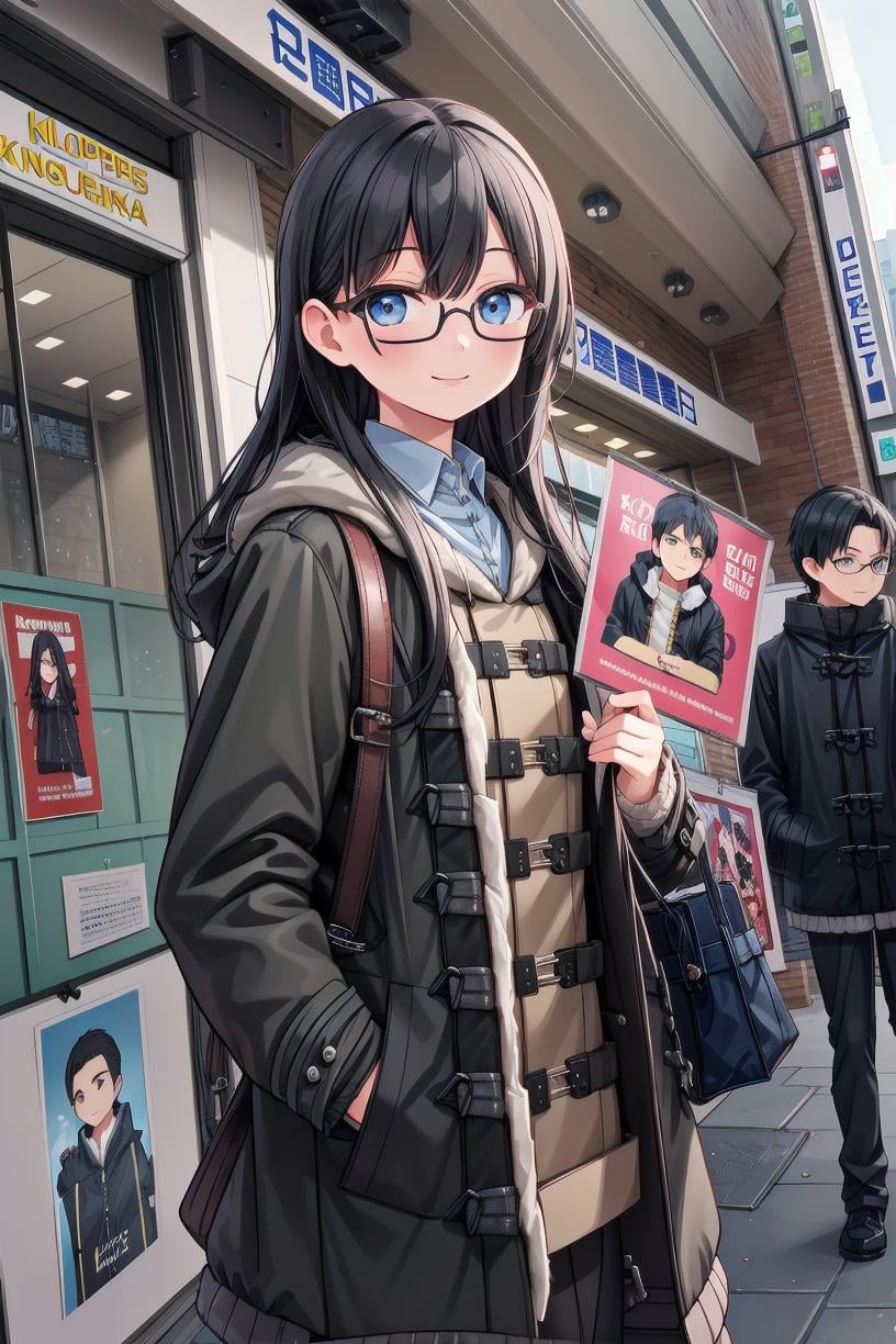 best quality, ultra high res,1girl, solo, glasses, black hair, long hair, duffle coat, black bag, smile, looking at viewer, solo focus,kinokuniya, storefront, real world location, blurry, depth of field, scenery, 6+boys, shop, sign, multiple boys, poster (object), outdoors<lora:kinokuniya_shinjuku_SD15_V2:0.8>