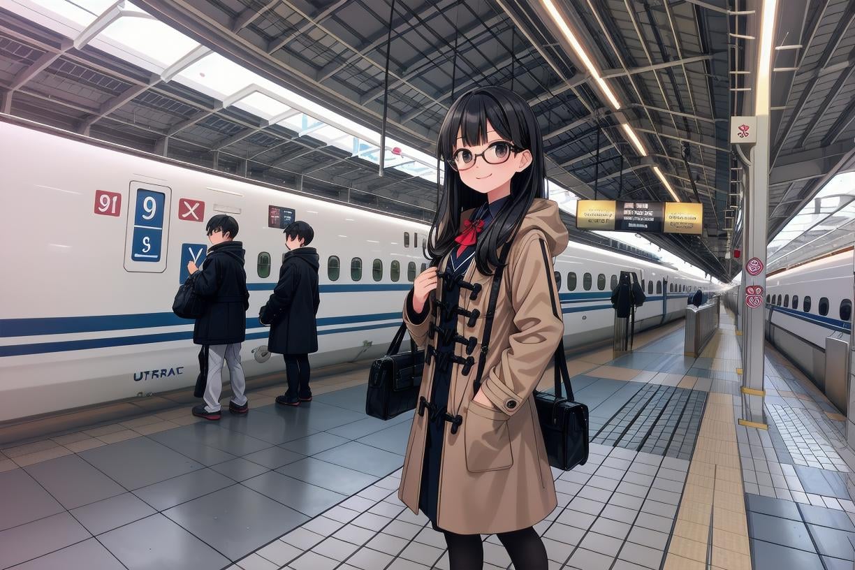 best quality, ultra high res,1girl, solo, glasses, black hair, long hair, duffle coat, black bag, smile, looking at viewer, solo focus,shinosaka, train station, train, scenery, multiple boys, tile floor, tiles, real world location, reflective floor, vanishing point, sign, 6+boys, railroad tracks, outdoors <lora:shinosaka_SD15_V2:1>