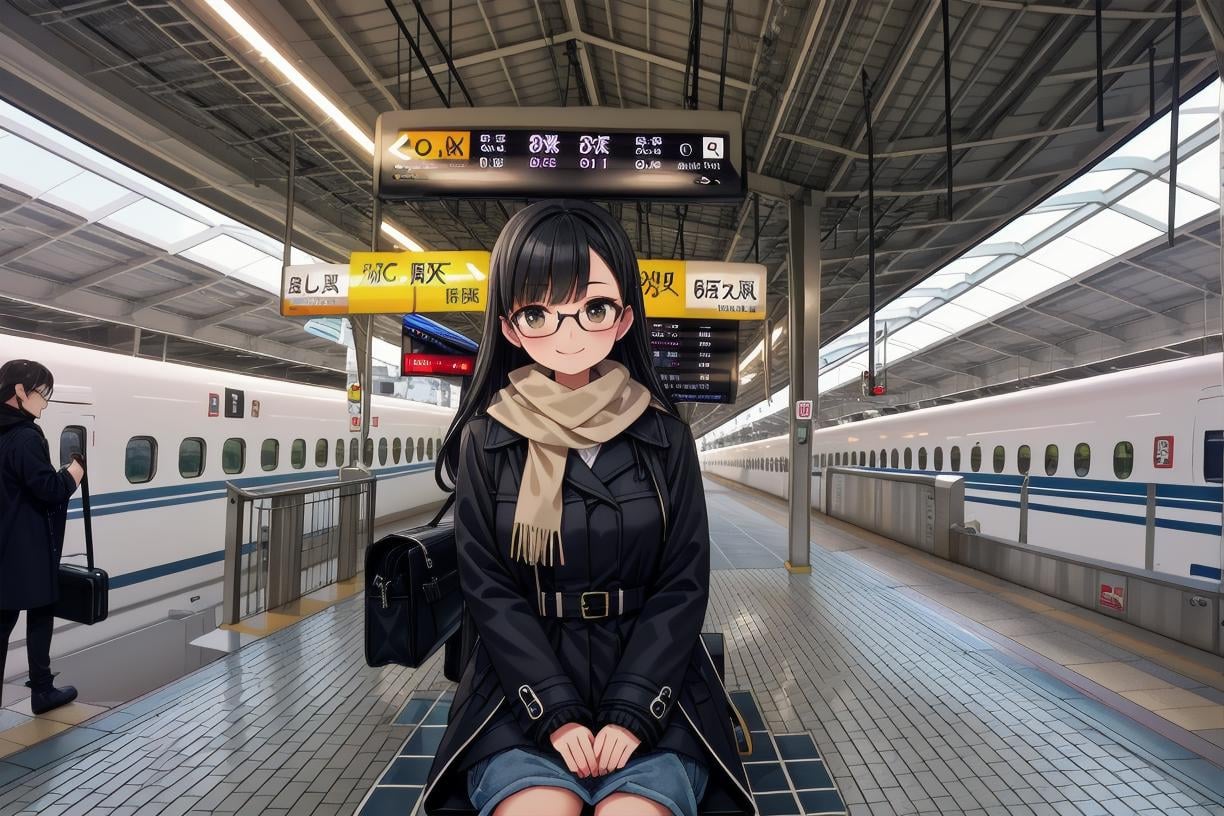 best quality, ultra high res,1girl, solo, glasses, black hair, long hair, winter coat, winter scarf, black bag, smile, looking at viewer, solo focus, rolling suitcase, shinosaka, train station, train, 6+boys, scenery, multiple boys, railroad tracks, multiple girls, real world location, bag, sitting, 6+girls, holding, handbag, ceiling light, tile floor, sign, outdoors <lora:shinosaka_SD15_V2:1>