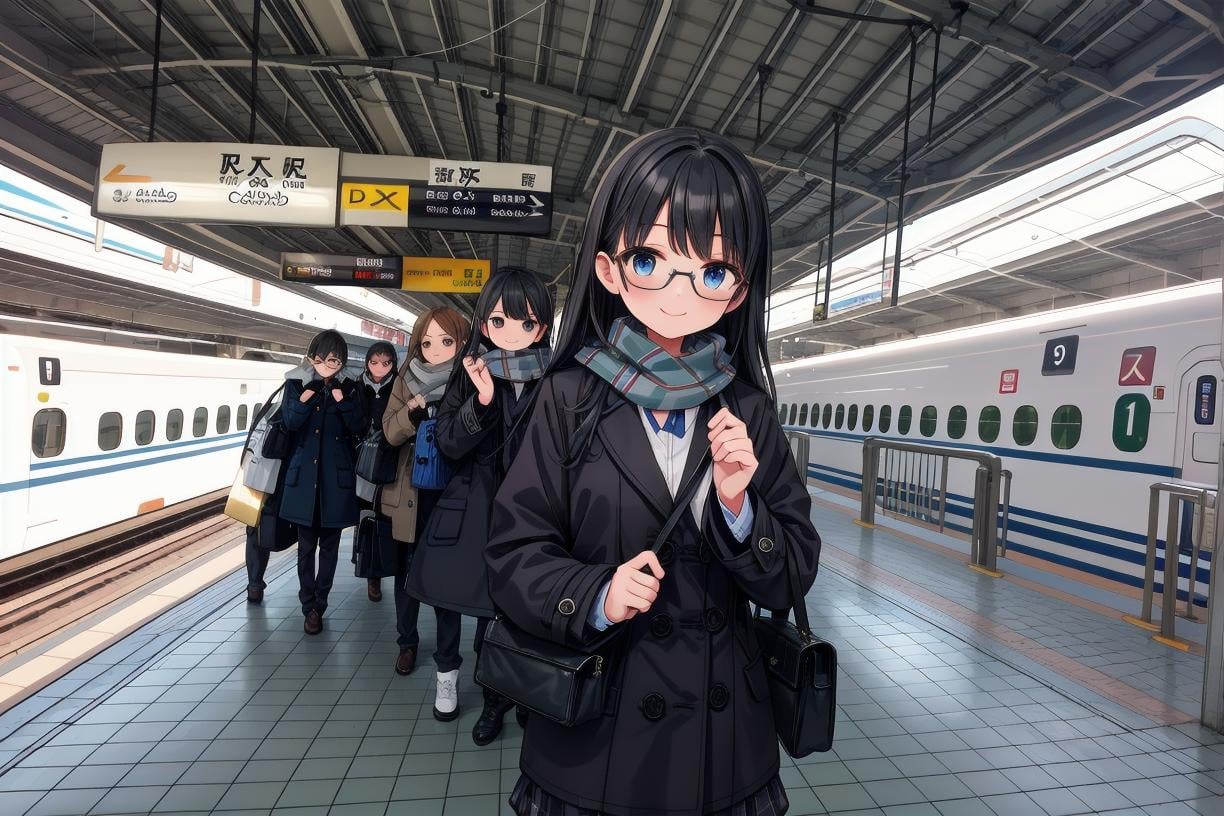 best quality, ultra high res,1girl, solo, glasses, black hair, long hair, winter coat, winter scarf, black bag, smile, looking at viewer, solo focus, rolling suitcase, shinosaka, train station, multiple boys, multiple girls, bag, 6+boys, shirt, train, scenery, holding, white shirt, english text, 6+girls, outdoors, sign, tile floor, real world location <lora:shinosaka_SD15_V2:1>