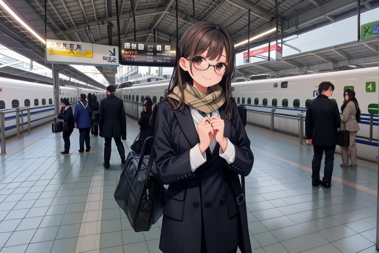 best quality, ultra high res,1girl, solo, glasses, black hair, long hair, winter coat, winter scarf, black bag, smile, looking at viewer, solo focus, rolling suitcase, shinosaka, train station, multiple girls, multiple boys, 6+boys, 6+girls, train, long hair, suit, brown hair, formal, realistic, photo background, photo (medium), outdoors, scenery, tile floor, real world location, sign <lora:shinosaka_SD15_V2:1>