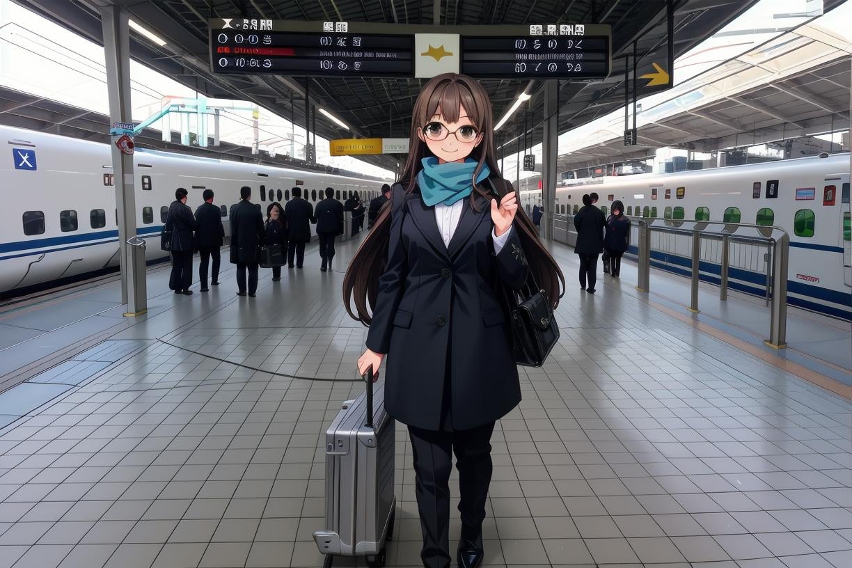 best quality, ultra high res,1girl, solo, glasses, black hair, long hair, winter coat, winter scarf, black bag, smile, looking at viewer, solo focus, rolling suitcase, shinosaka, train station, multiple girls, multiple boys, 6+boys, 6+girls, train, long hair, suit, brown hair, formal, realistic, photo background, photo (medium), outdoors, scenery, tile floor, real world location, sign <lora:shinosaka_SD15_V2:1>