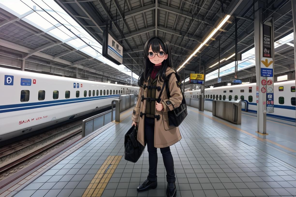 best quality, ultra high res,1girl, solo, glasses, black hair, long hair, duffle coat, black bag, smile, looking at viewer, solo focus,shinosaka, train station, train, scenery, multiple boys, tile floor, tiles, real world location, reflective floor, vanishing point, sign, 6+boys, railroad tracks, outdoors <lora:shinosaka_SD15_V2:1>