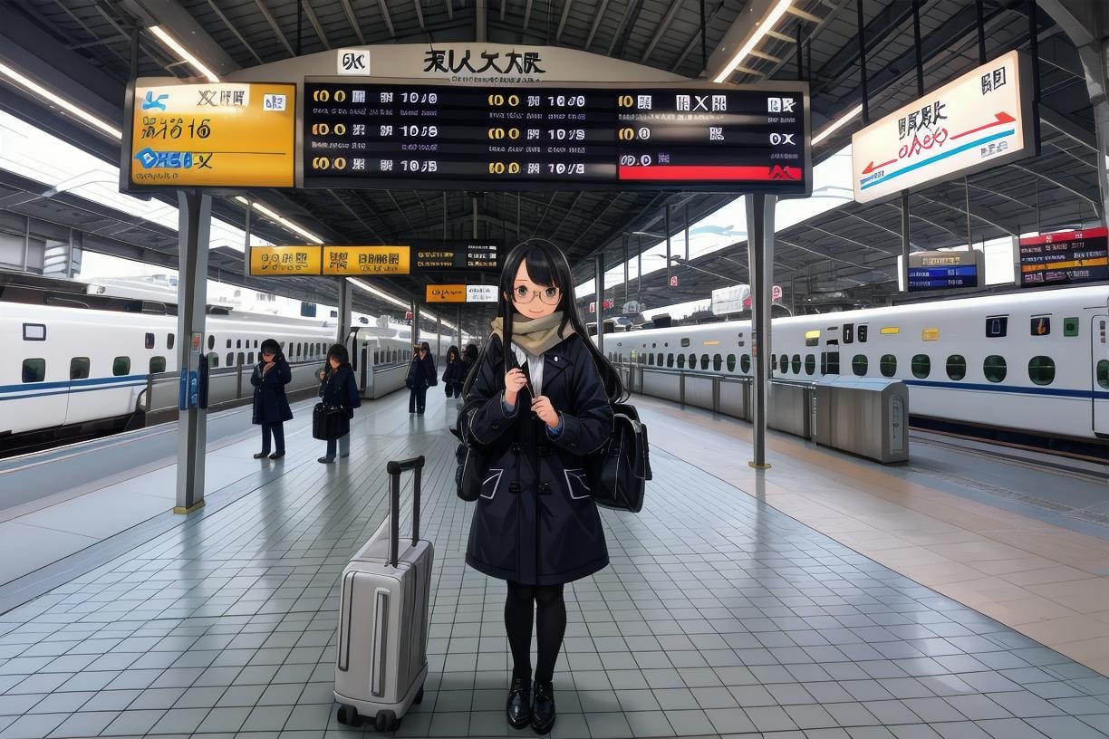 best quality, ultra high res,1girl, solo, glasses, black hair, long hair, winter coat, winter scarf, black bag, smile, looking at viewer, solo focus, rolling suitcase, shinosaka, train station, multiple boys, multiple girls, bag, 6+boys, shirt, train, scenery, holding, white shirt, english text, 6+girls, outdoors, sign, tile floor, real world location <lora:shinosaka_SD15_V2:1>