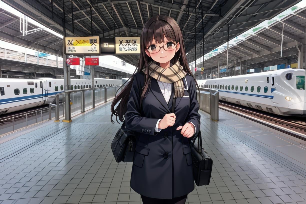 best quality, ultra high res,1girl, solo, glasses, black hair, long hair, winter coat, winter scarf, black bag, smile, looking at viewer, solo focus, rolling suitcase, shinosaka, train station, multiple girls, multiple boys, 6+boys, 6+girls, train, long hair, suit, brown hair, formal, realistic, photo background, photo (medium), outdoors, scenery, tile floor, real world location, sign <lora:shinosaka_SD15_V2:1>