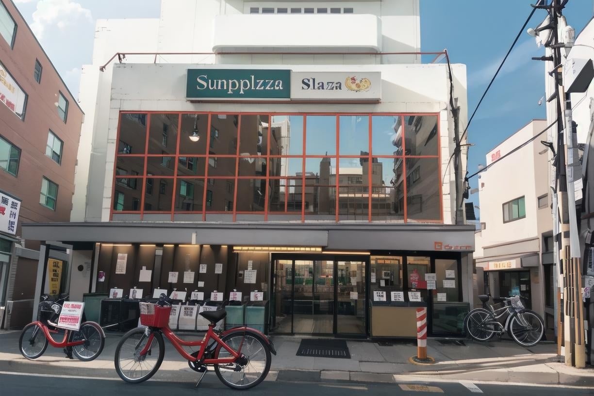 best quality, ultra high res,sunplaza, storefront, scenery, bicycle, outdoors, power lines, street, building, sky, road,  city, day, sign, lamppost, real world location, utility pole, cloud, blue sky, chinese text, shop <lora:sunplaza_SD15_V1:0.8>