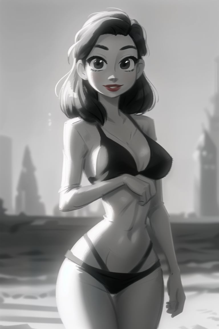 ((ultra quality)), ((tmasterpiece)), Meg, Paperman, (Black & White Style), (black and white cinema), ((Black, hairlong)), (Beautiful cute face), (beautiful female lips), Charming, ((sexy facial expression)), looking at the camera smiling softly, eyes slightly open, Body glare, ((detailed beautiful female eyes)), ((Black глаза глаза)), (juicy female lips), (red lipstick on the lips), (beautiful female hands), ((perfect female figure)), perfect female body, Beautiful waist, Gorgeous hips, Beautiful medium breasts, ((Subtle and beautiful)), standing seductively by the window (close-up of the face), (dressed in Meg clothes, Strict office suit, white  shirt, Frank neckline, and a black skirt), ((Depth of field)), ((high quality clear image)), (crisp details), ((higly detailed)), Realistic, Professional Photo Session, ((Clear Focus)), the anime