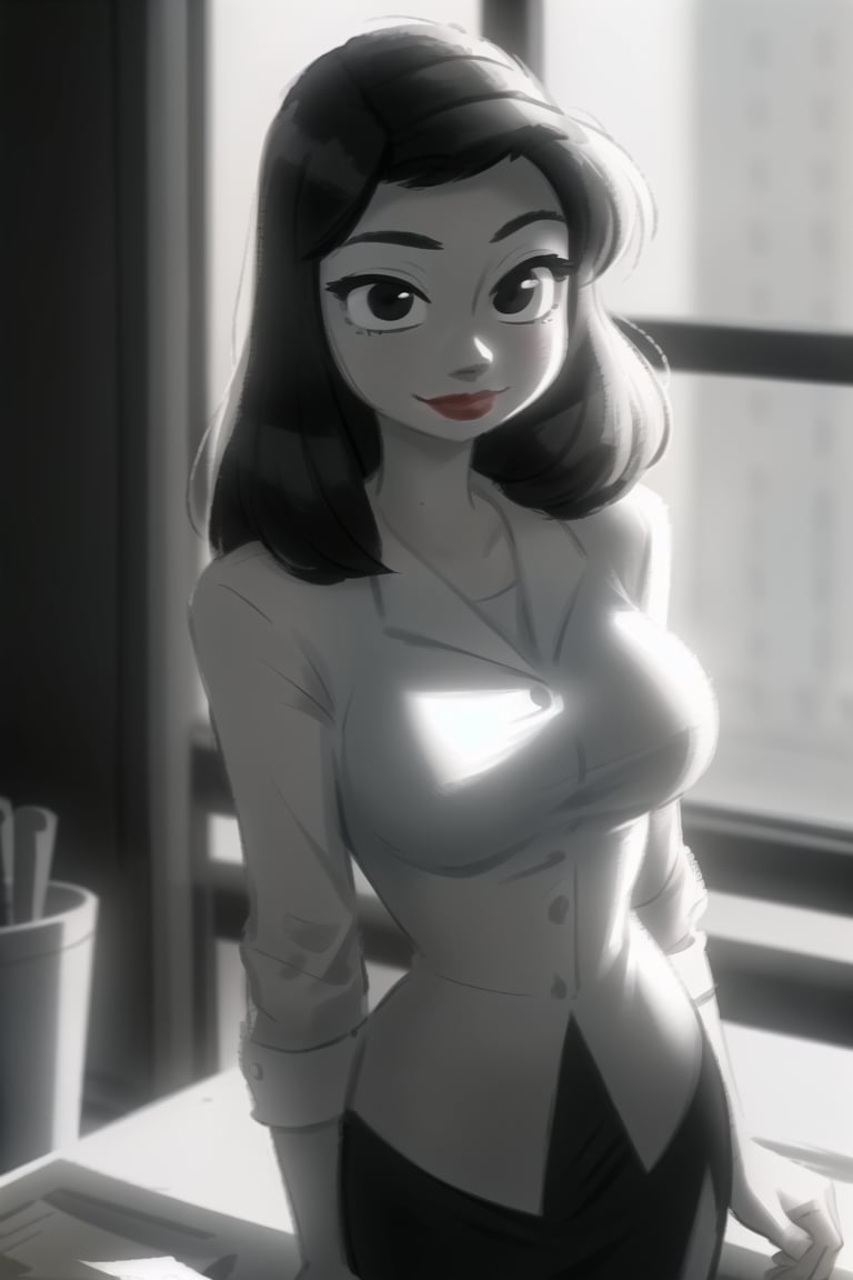 ((ultra quality)), ((tmasterpiece)), Meg, Paperman, (Black & White Style), (black and white cinema), ((Black, hairlong)), (Beautiful cute face), (beautiful female lips), Charming, ((sexy facial expression)), looking at the camera smiling softly, eyes slightly open, Body glare, ((detailed beautiful female eyes)), ((Black глаза глаза)), (juicy female lips), (red lipstick on the lips), (beautiful female hands), ((perfect female figure)), perfect female body, Beautiful waist, Gorgeous hips, Beautiful medium breasts, ((Subtle and beautiful)), standing seductively by the window (close-up of the face), (dressed in Meg clothes, Strict office suit, white  shirt, Frank neckline, and a black skirt), ((Depth of field)), ((high quality clear image)), (crisp details), ((higly detailed)), Realistic, Professional Photo Session, ((Clear Focus)), the anime
