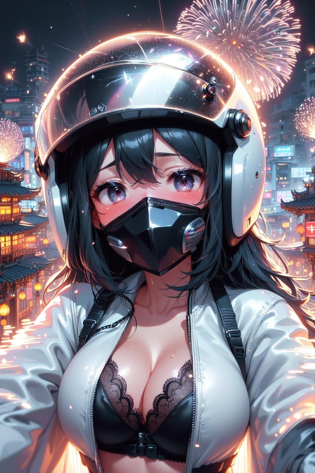 (((masterpiece))), (((best quality))), (((selfie on high stage))), (((holding a cellphone screen))), (((facing viewer)))), (((beehive fireworks))), ((((glowing))), (((fluttering hair))), (((mask))), (((white jacket))), ((gloves)), (((silver helmet))), ((sleeves)), ((fog)), ((steam)), ((crowd)), ((temple)), ((tainan cityscape)), ((neon lights)), ((meteor shower)), solo, 1girl,  ((big breast)), ((black lace bra)), ((black longhair)), sweat, shy, blush, slim figure,  <lora:girllikebeehivefireworks:1>