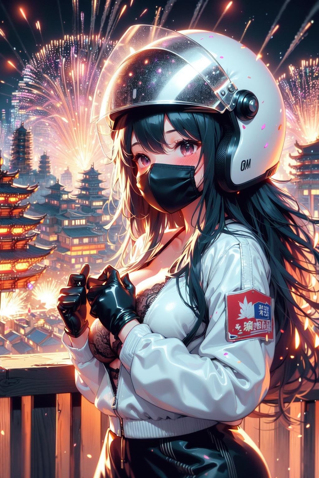 (((masterpiece))), (((best quality))), (((live streaming on high stage))), (((facing viewer)))), (((beehive fireworks))), ((((glowing))), (((fluttering hair))), (((mask))), (((white jacket))), ((gloves)), (((silver helmet))), ((sleeves)), ((fog)), ((steam)), ((crowd)), ((temple)), ((tainan cityscape)), ((neon lights)), ((meteor shower)), solo, 1girl,  ((big breast)), ((black lace bra)), ((black longhair)), sweat, shy, blush, slim figure,  <lora:girllikebeehivefireworks:1>