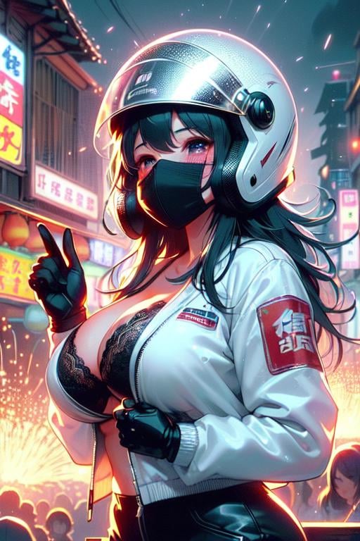 (((masterpiece))), (((best quality))), (((beehive fireworks))), (((glowing))), (((fluttering hair))), (((mask))), (((white jacket))), ((gloves)), (((silver helmet))), ((fog)), ((steam)), ((crowd)), ((messy street with sign)), ((low house)), ((tainan cityscape)), ((neon lights)), ((meteor shower)), solo, 1girl,  ((big breast)), ((black lace bra)), ((black longhair)), sweat, shy, blush, slim figure,  <lora:girllikebeehivefireworks:1>