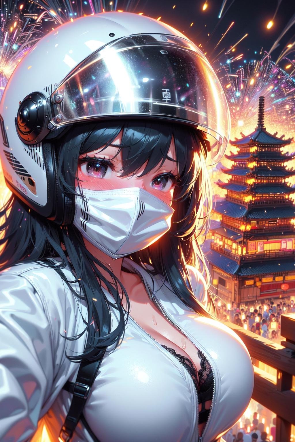 (((masterpiece))), (((best quality))), (((selfie on high stage))), (((holding a cellphone screen))), (((facing viewer)))), (((beehive fireworks))), ((((glowing))), (((fluttering hair))), (((mask))), (((white jacket))), ((gloves)), (((silver helmet))), ((sleeves)), ((fog)), ((steam)), ((crowd)), ((temple)), ((tainan cityscape)), ((neon lights)), ((meteor shower)), solo, 1girl,  ((big breast)), ((black lace bra)), ((black longhair)), sweat, shy, blush, slim figure,  <lora:girllikebeehivefireworks:1>