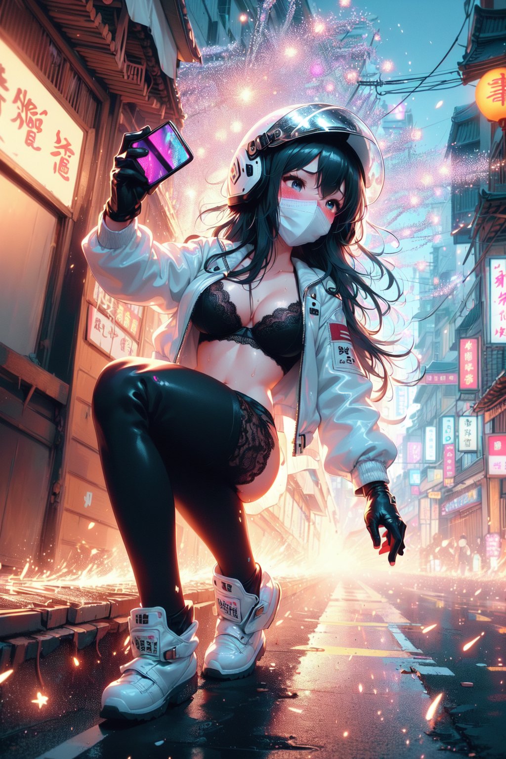 (((masterpiece))), (((best quality))), (((raise arm))), (((holding a iphone selfie on messy street))), (((full body))), ((from below)), (((beehive fireworks))), ((((glowing))), (((fluttering hair))), (((mask))), (((white jacket))), ((gloves)), (((silver helmet))), ((sleeves)), ((fog)), ((steam)), crowd, ((temple)), ((tainan cityscape)), ((neon lights)), ((meteor shower)), solo, a korean girl, white leggings, ((big breast)), ((black lace bra)), ((black longhair)), sweat, shy, blush, slim figure,  <lora:girllikebeehivefireworks:1>