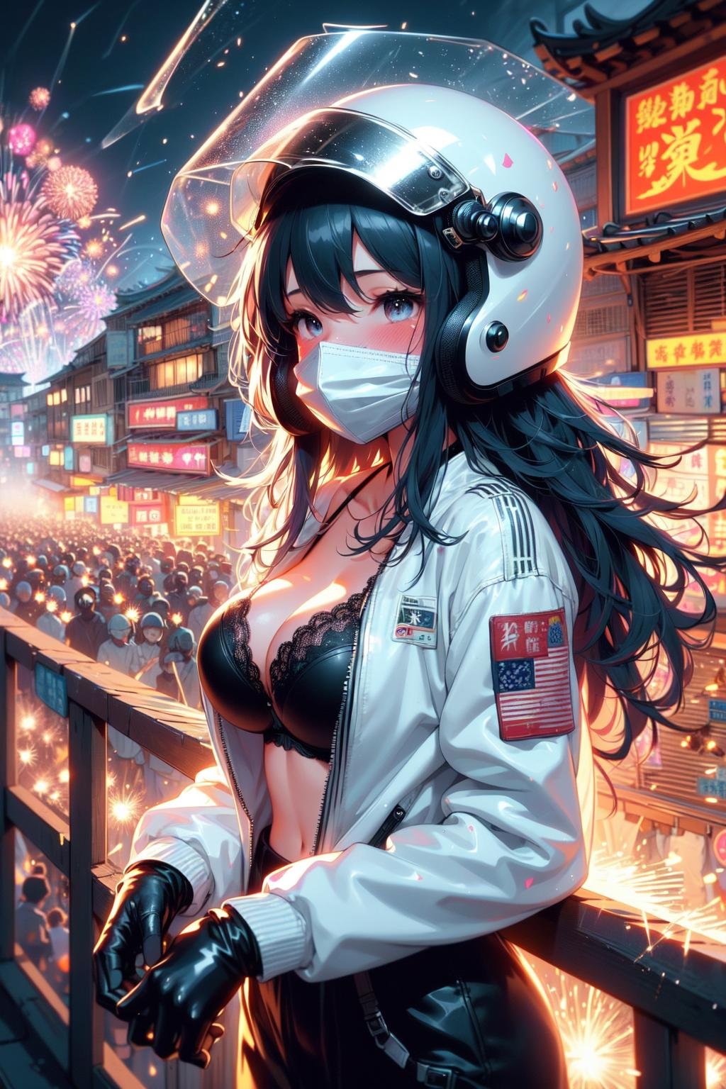 (((masterpiece))), (((best quality))), (((standing on balcony))),  (((beehive fireworks))), (((glowing))), (((fluttering hair))), (((mask))), (((white jacket))), ((gloves)), (((silver helmet))), ((fog)), ((steam)), ((crowd)), ((messy street with sign)), ((low house)), ((tainan cityscape)), ((neon lights)), ((meteor shower)), solo, 1girl,  ((big breast)), ((black lace bra)), ((black longhair)), sweat, shy, blush, slim figure,  <lora:girllikebeehivefireworks:1>