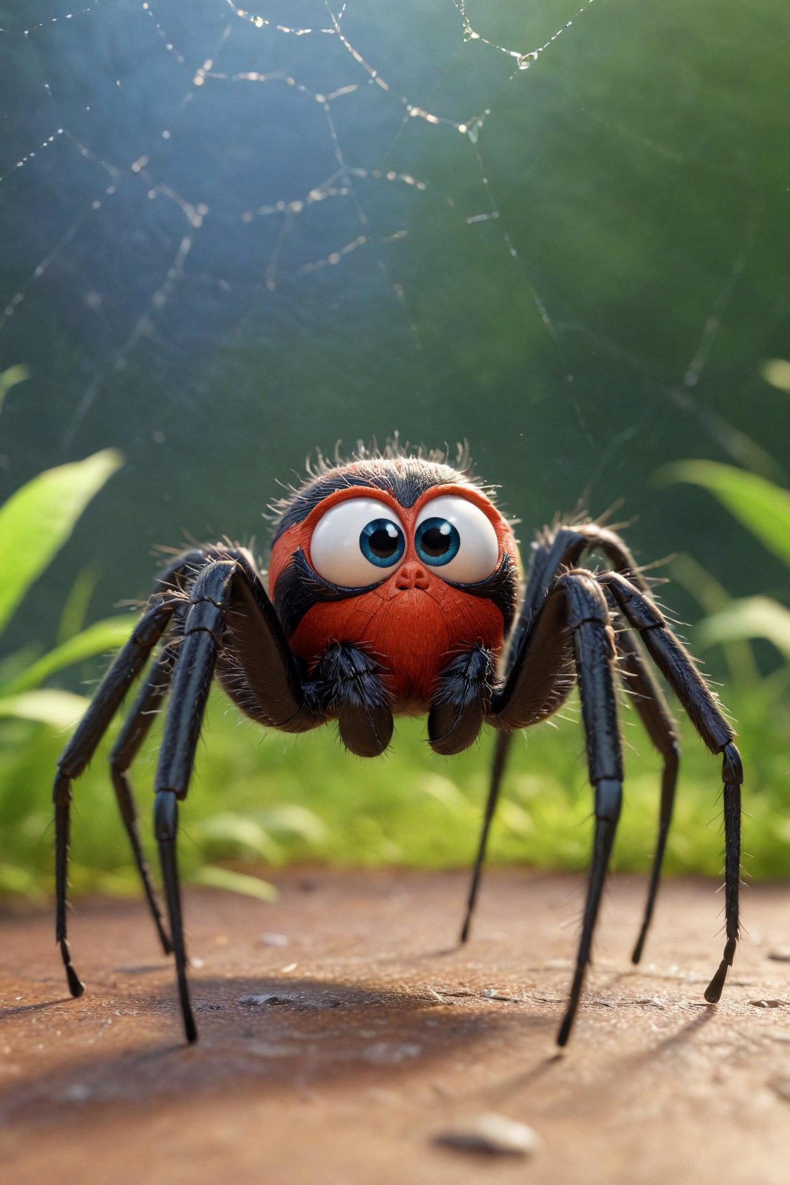 pixar style of a spider, as a cartoon character, tinny cute, spider web, spring , high detailed, photorealistic, 8k , smooth, simple
