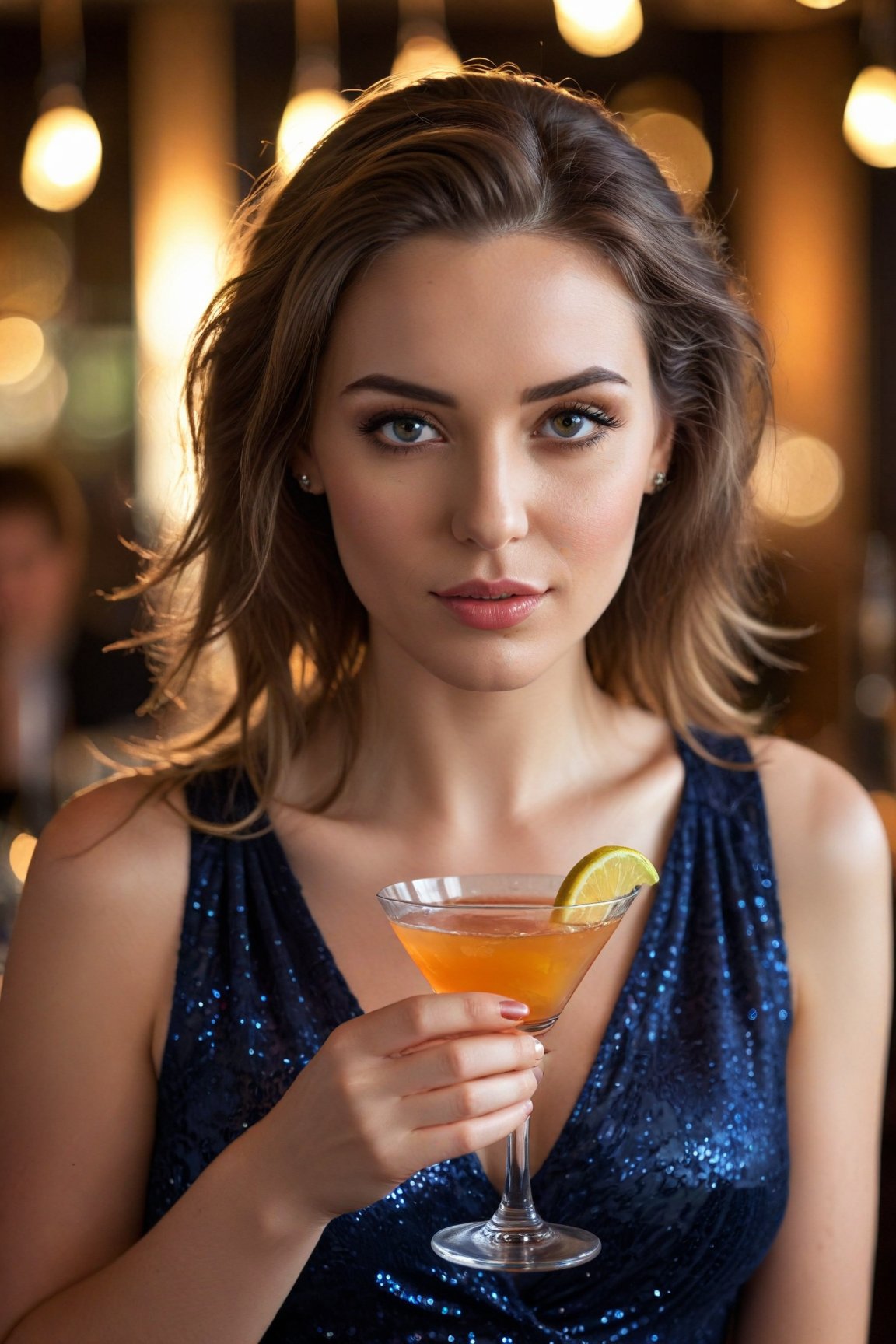 photo of a beautiful stunning woman, holding a glass of cocktail, drinking at the bar, looking at camera, magical light and shadow, beautiful eyes, detailed face, photorealisrtic, bokeh lighting
