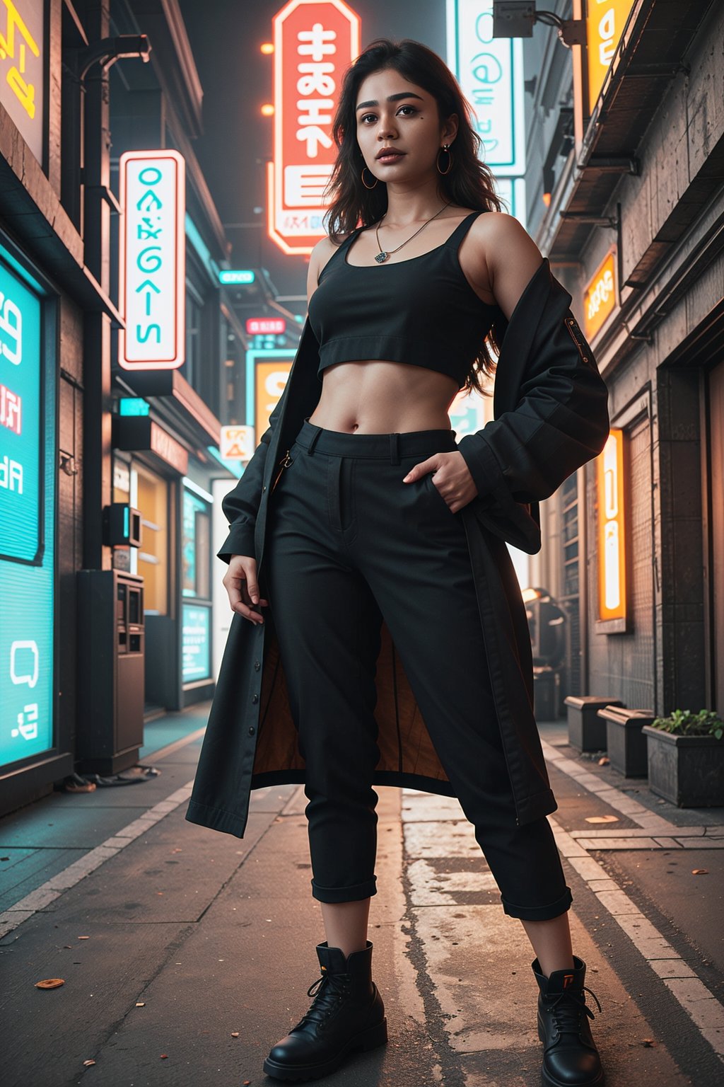 neon, cyberpunk, 1girl, solo, plump:1.5,  sexy pose, long hair, big breasts, looking at viewer, skirt, black hair, hair ornament, navel, bare shoulders, brown eyes, jewelry, standing, earrings, midriff, pants, dark skin, necklace, bracelet, dark-skinned female, lips, crop top, ring, walking, long skirt, realistic, nose, neon lights,Futuristic room,35 years old women,CyberpunkWorld,realism,photorealistic,navel,bioluminescent dress,Very crowded city