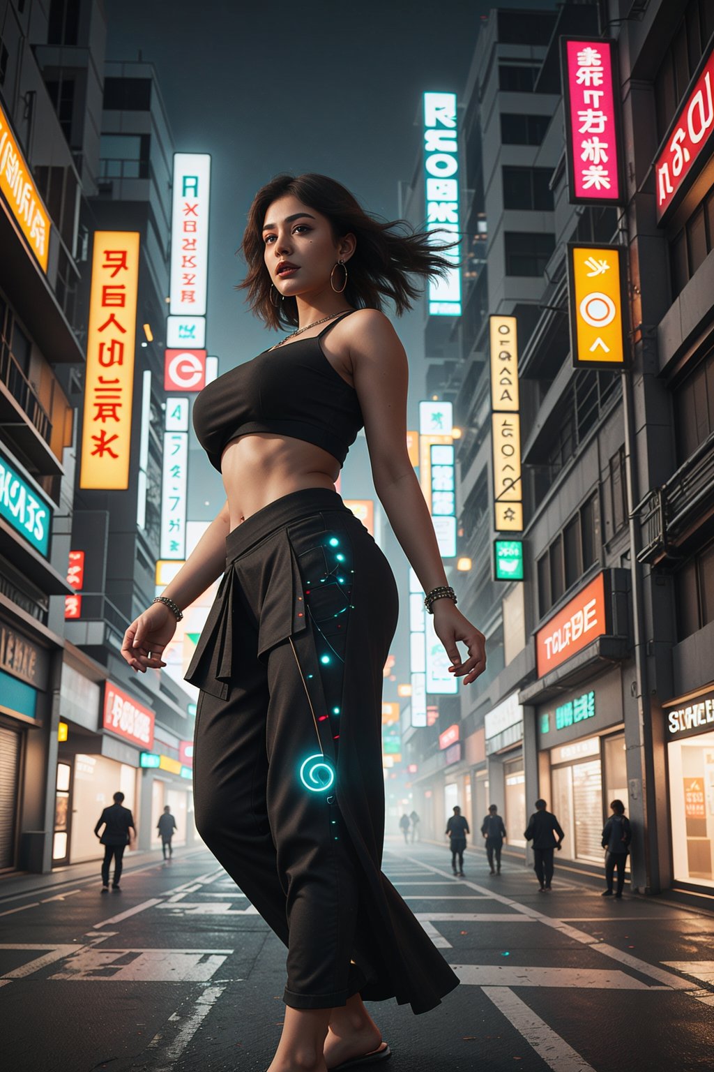 neon, cyberpunk, 1girl, solo, plump:1.5,  sexy pose, long hair, big breasts, looking at viewer, skirt, black hair, hair ornament, navel, bare shoulders, brown eyes, jewelry, standing, earrings, midriff, pants, dark skin, necklace, bracelet, dark-skinned female, lips, crop top, ring, walking, long skirt, realistic, nose, neon lights,Futuristic room,35 years old women,CyberpunkWorld,realism,photorealistic,navel,bioluminescent dress,Very crowded city