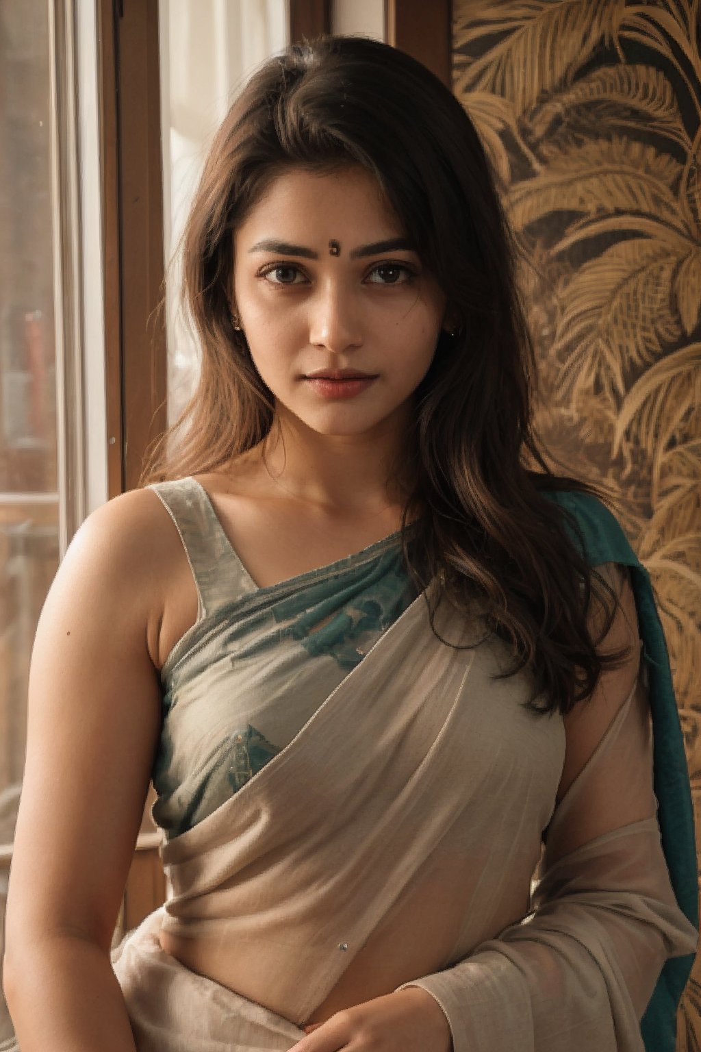 Raw photo of (30yo Beautiful young woman:1.1) (best quality, highres, ultra-detailed:1.2), vibrant colors, glowing dimond, glowing eyes, realistic Raw photo, realistic lighting, traditional saree,  exotic beauty, mesmerizing eyes, girl ,Thrissur,30 year old women ,28yo girl 