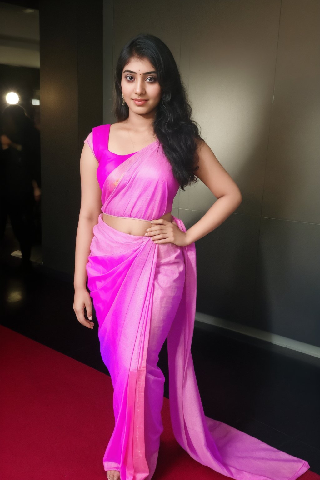 A stunning 20-year-old Tamil girl, Saree, confidently walks down the catwalk, bathed in soft focus and matte lighting with a subtle soft-glow effect. Her custom-made holographic neon fashionwear shines, with the classic light fringe framing her face adding sophistication. The blurred bokeh background adds depth, while the SFM-rendered attire accentuates her svelte figure as she exudes professionalism.