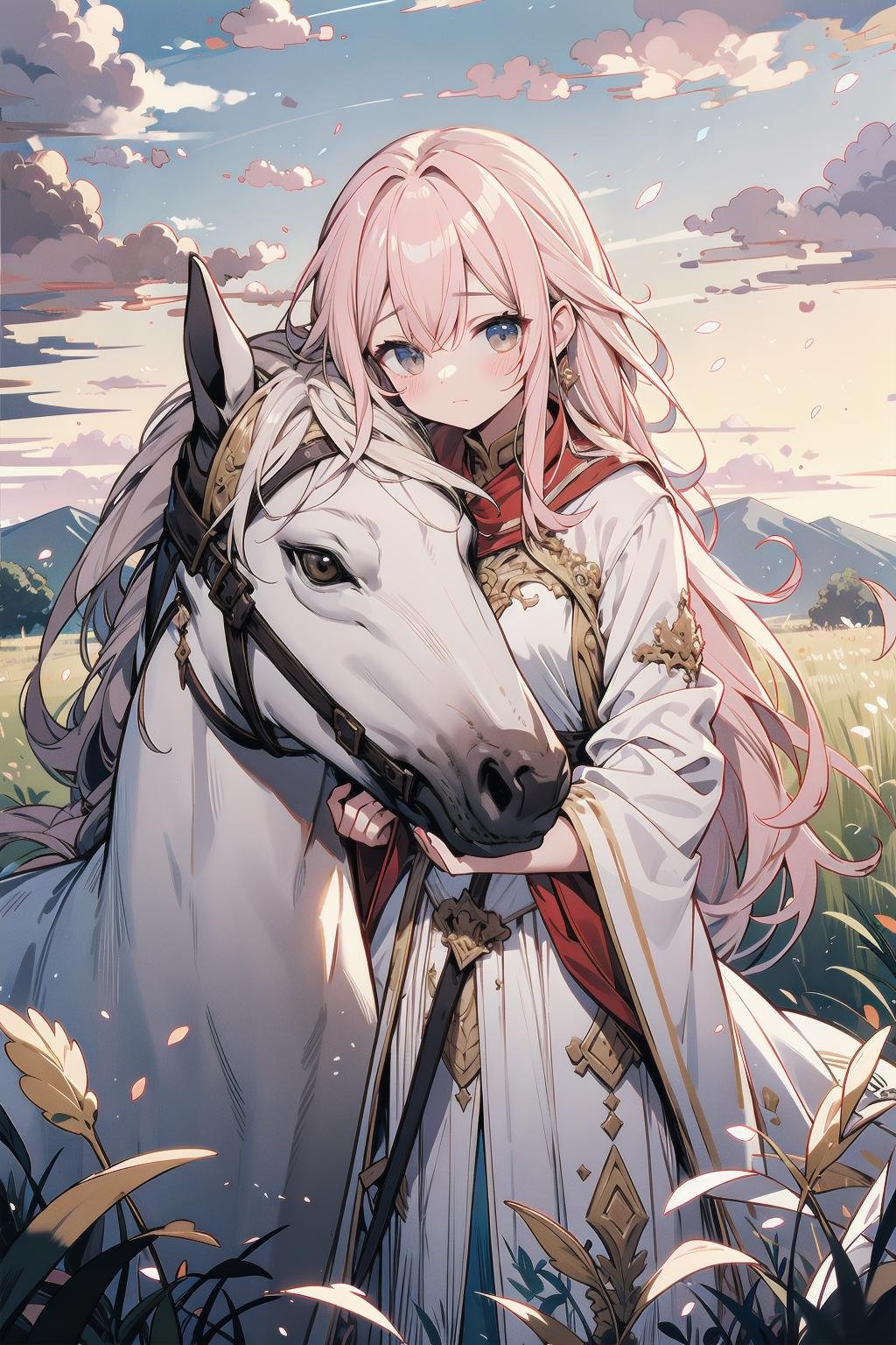 (masterpiece, best quality:1.2), (Intricate detailed:1.2), dreamy landscape, with rolling hills and soft, billowy clouds. The sky is a beautiful shade of pink and orange, the remnants of a stunning sunset. In the foreground, a pair of horses graze peacefully, their coats gleaming in the soft light. A gentle breeze ruffles the tall grasses, creating a sense of calm and tranquility.